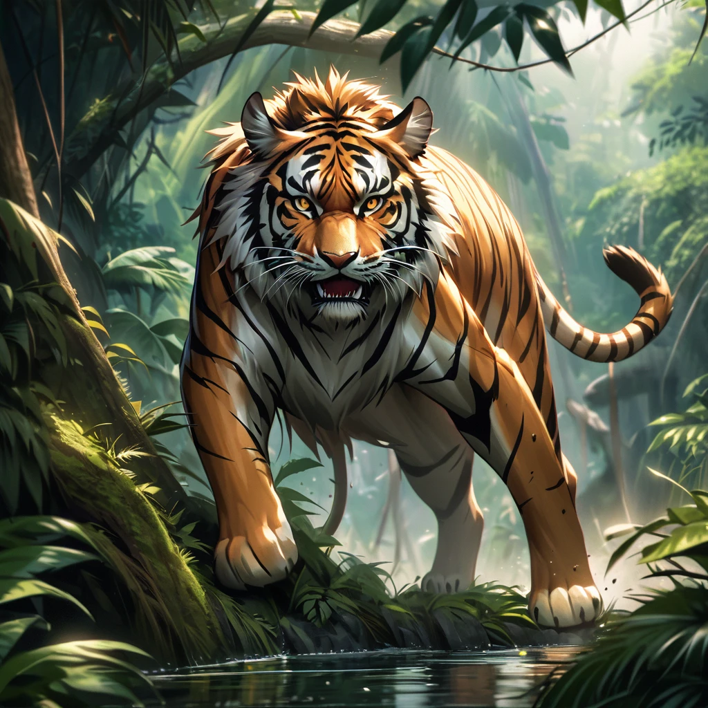 (highres:1.2),(realistic:1.37),tiger,jungle,stalks through the jungle,seeking prey,ferocious,striking,green foliage,thick vines,majestic creature,intense gaze,sharp teeth,powerful muscles,wild and untamed,hidden in the shadows,silent footsteps,intense yellow eyes,rippling stripes,camouflaged,predator,blend with the environment,alert and focused,primeval forest,stealthily moves,ready to pounce,hunting instinct,ambushes its prey,survival of the fittest,vivid colors of the jungle,piercing roars,prowling in the wilderness,wilderness sounds,unrelenting pursuit,ferocity,king of the jungle,mesmerizing beauty,intrepid hunter,lurks in the undergrowth,darting movements,graceful and agile,dominance in nature,unseen danger,invisible predator,untamed power,adapts to its surroundings,perfectly evolved,dangerous and majestic.
