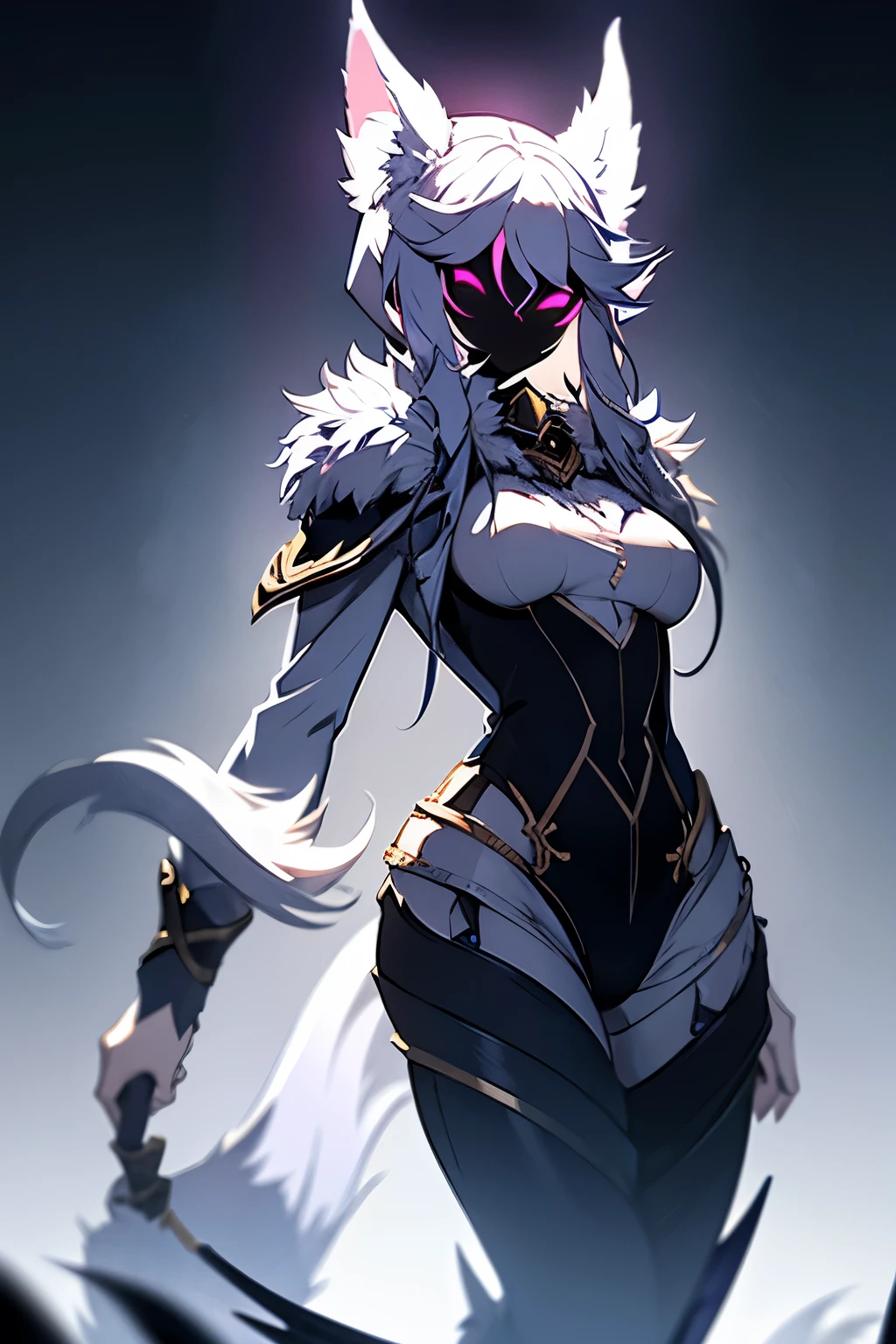 White hair, ethereal aura, serenity, wielded bow, light garments, spectral wolf, fierce nature, visual duality, soul hunters, smooth transition, agile posture, intense expression, light tones, dark tones, black facial mask.