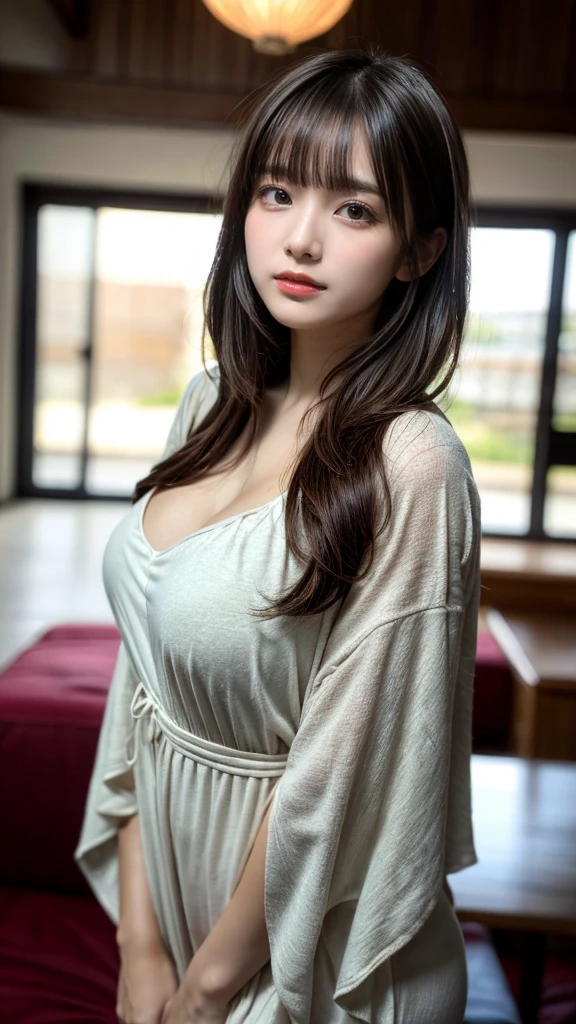 masterpiece, Best Quality, 8K, 20 yo, huge breasts, cuddly, Solo, sad, Cute, Girly, Delicate girl, Neat and clean beauty, Raw photo, Professional Photography, Portrait, Soft light, Professional Lighting, Back lighting, Upper body, front view, Sophisticated, Film grain, (Eyes and faces with detailed:1.0), short length floating hair, beautiful flowing hair, bangs, Lounge Kaftan