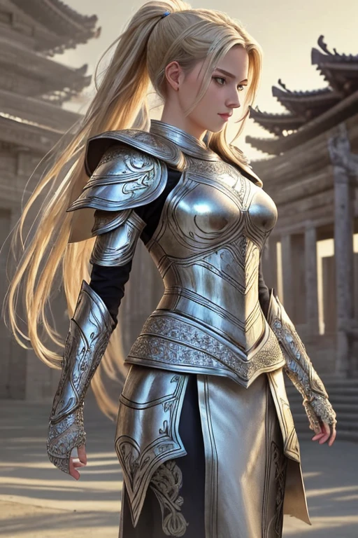 (8K, best quality:1.2), (masterpiece:1.37), (photo, photorealistic:1.37), (ultrahigh-res), full body, walking pose, shot from front, slow motion, female paladin wearing the full body, (light silver armour:1.2),(ornately decorated armor), (insanely detailed, bloom:1.5), (highest quality, Alessandro Casagrande, Greg Rutkowski, Sally Mann, concept art, 4k), (analog:1.2), (high sharpness), (detailed pupils:1.1), detailed face and eyes, Masterpiece, best quality, (highly detailed photo:1.1), (long blonde Hair, ponytail,ecstatic:1.1), (young woman:1.1), sharp, (perfect body:1.1), realistic, real shadow, 3d, (temple background:1.2), (by Michelangelo), photographed by Canan EOS R6, 135mm, 1/1250s, f/2.8, ISO 400