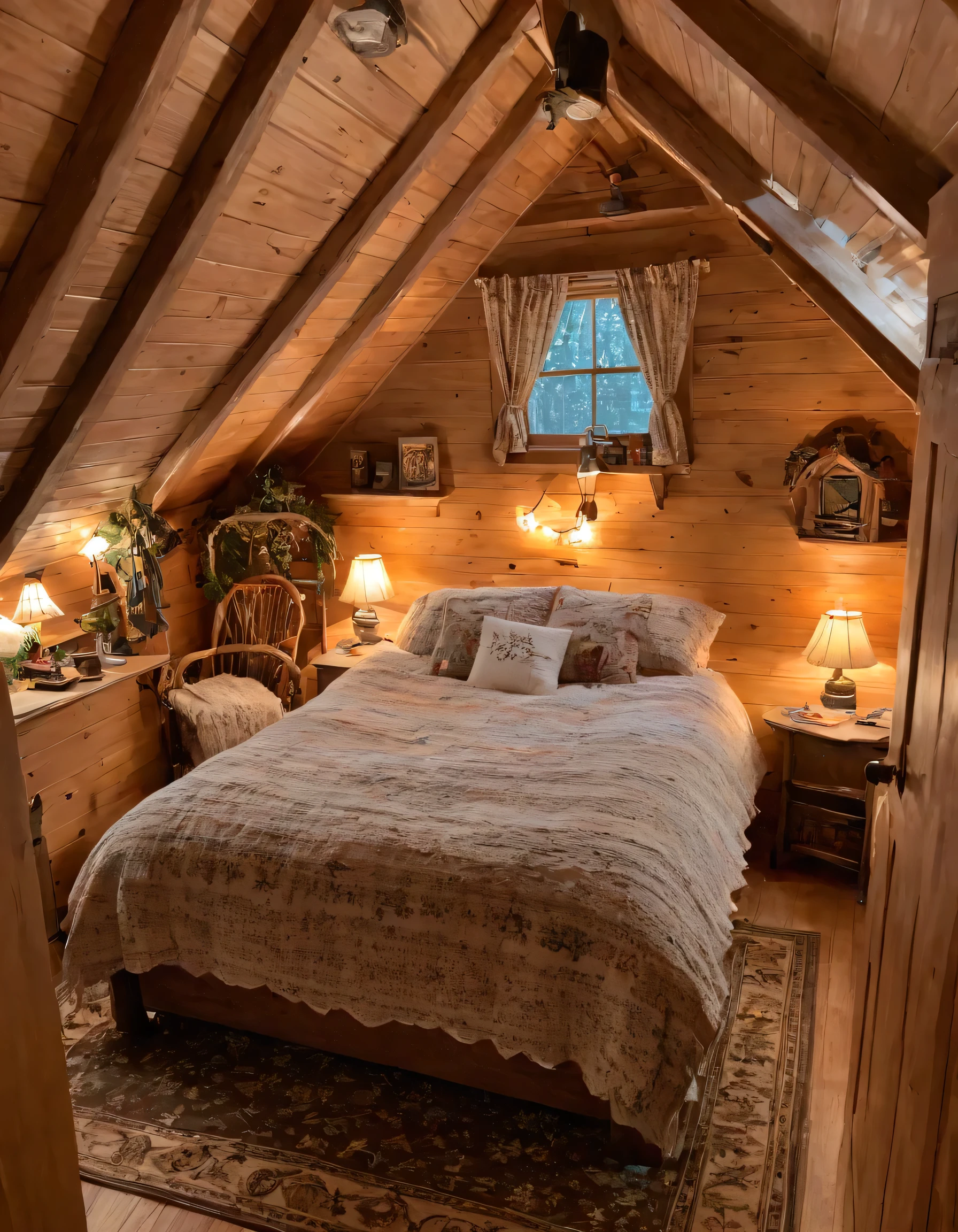 arafed bedroom with a bed and a rug in a small room, cozy room, cozy treehouse bedroom, small bedroom, cozy place, cozy bed, cottagecore hippie, thomas kinkade. cute cozy room, in an attic, cottagecore, cozy and peaceful atmosphere, pleasant cozy atmosphere, cottagecore!!, cabin in the woods