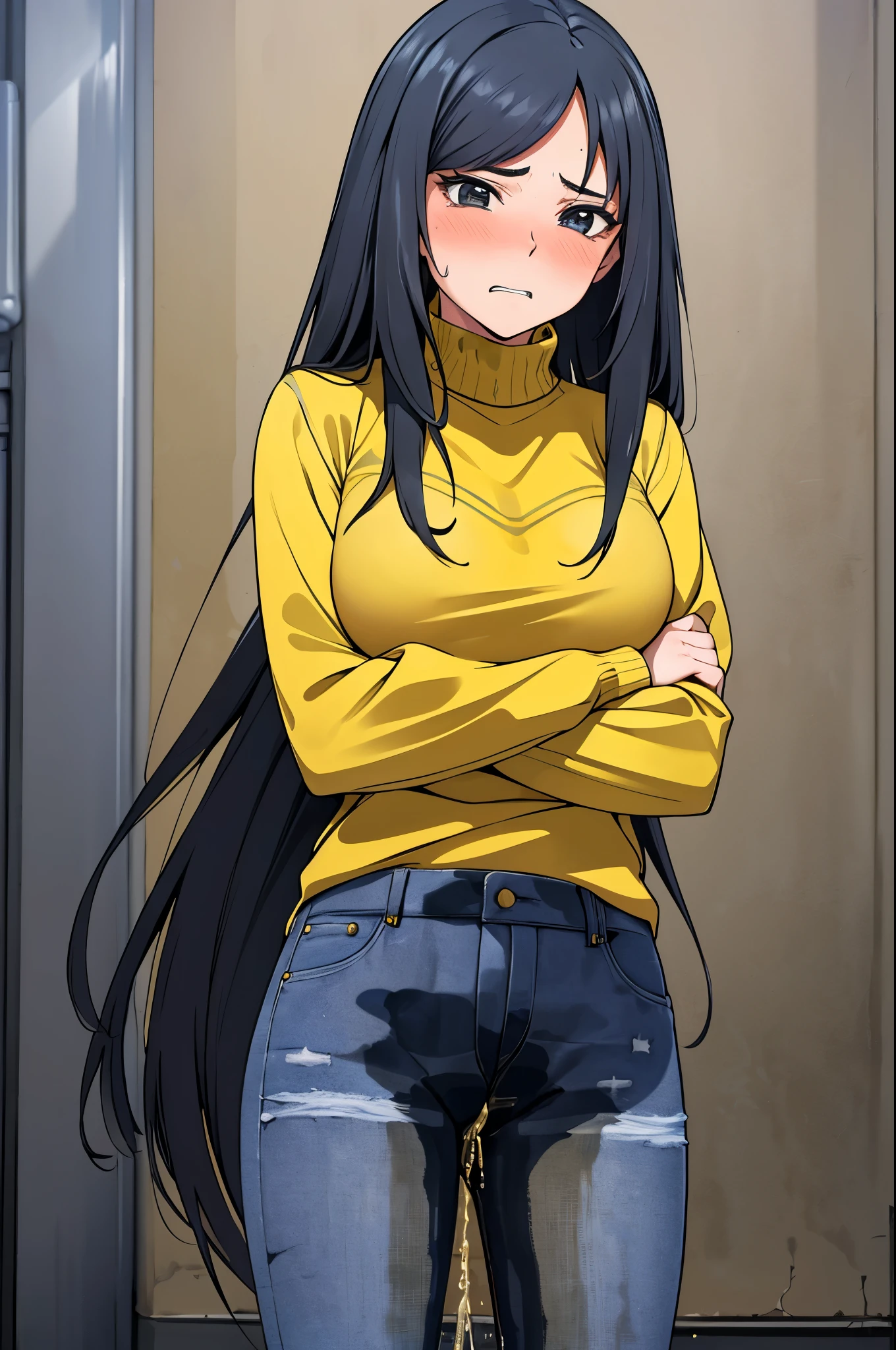 A woman with very long black hair, (very long hair:1.25) and (long bangs:1.5), wearing a stylish wool turtleneck sweater with jeans, long sleeves, (low-rise jeans:1.25), (low-cut jeans:1.25), standing. The artwork is inspired by manga and incorporates a doujin style. The woman appears to be (wetting herself:1.5), which causes her to feel embarrassed and humiliated, resulting in a blush on her face. In addition, there is an air of anger in her expression. The lighting in the scene is moody, with a spotlight highlighting the woman's figure, Her arms are crossed (crossing arms:1.5), showcasing a very large pee stain that covers almost the entire front of her jeans., large breasts, skinny