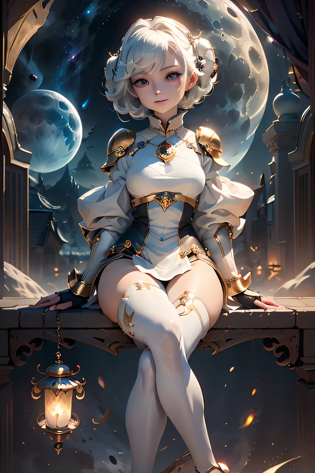 (masterpiece, best quality, dutch angle)(1girl, solo)(white hair, red eyes)(smile, sitting,floating hair)(universe、Milky Way、Lunar City)