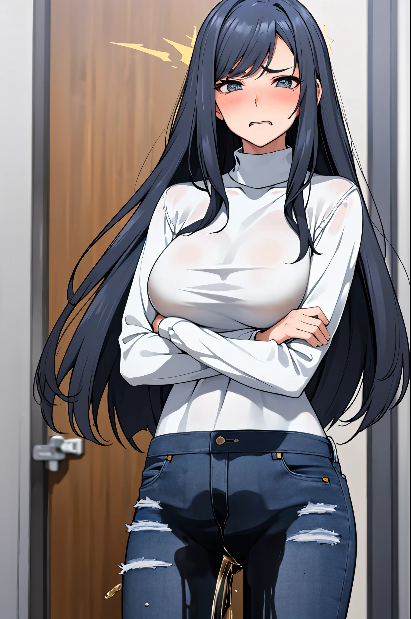 A woman with very long black hair, (very long hair:1.25) and (long bangs:1.5), wearing a stylish wool turtleneck sweater with jeans, long sleeves, (low-rise jeans:1.25), (low-cut jeans:1.25), standing. The artwork is inspired by manga and incorporates a doujin style. The woman appears to be (wetting herself:1.5), which causes her to feel embarrassed and humiliated, resulting in a blush on her face. In addition, there is an air of anger in her expression. The lighting in the scene is moody, with a spotlight highlighting the woman's figure, Her arms are crossed (crossing arms:1.5), showcasing a very large pee stain that covers almost the entire front of her jeans., large breasts, skinny