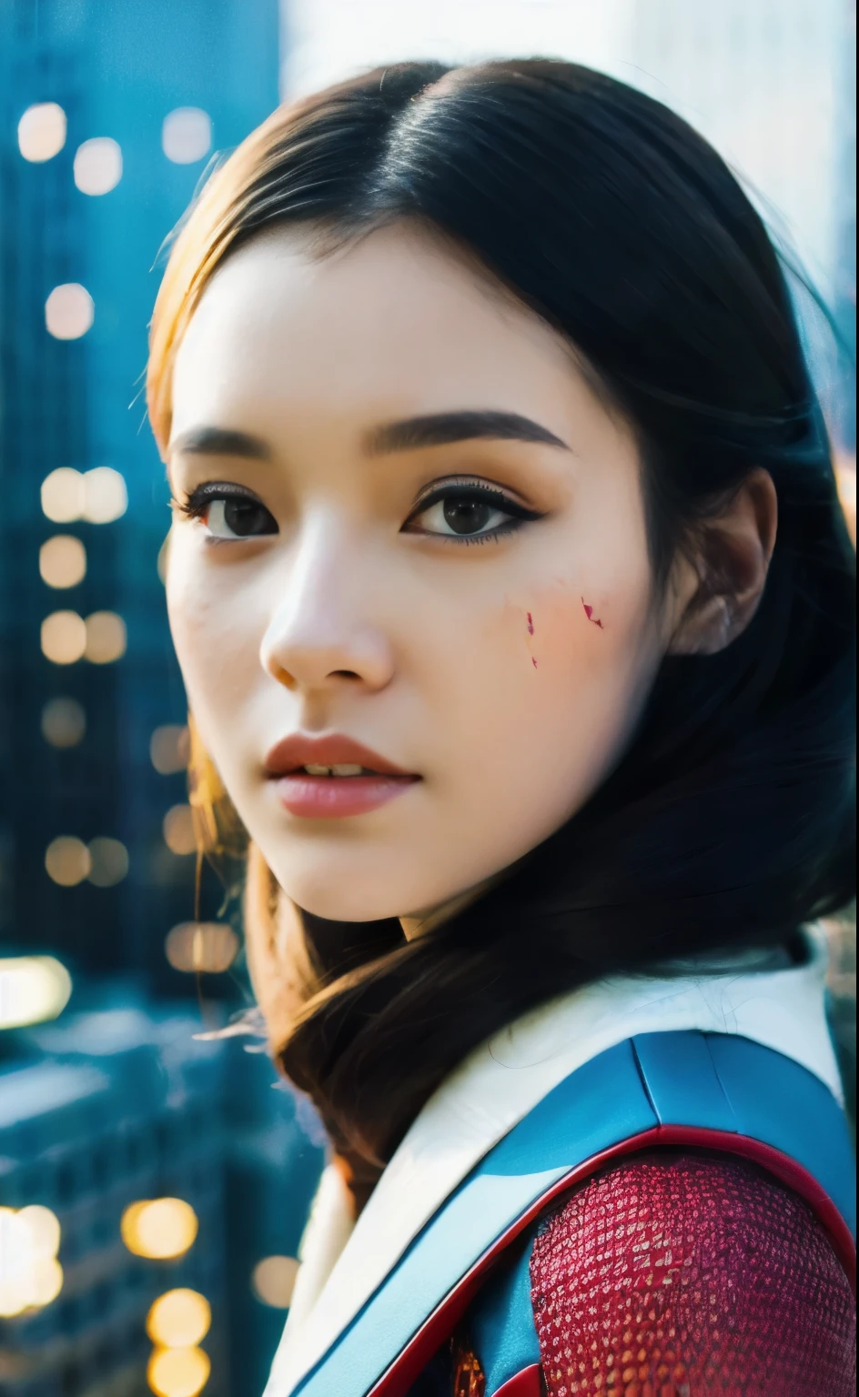 (1girl:1.3), Solo, (((Very detailed face)))), ((Very detailed eyes and face)))), Beautiful detail eyes, Body parts__, Official art, Unified 8k wallpaper, Super detailed, beautiful and beautiful, beautiful, masterpiece, best quality, original, masterpiece, super fine photo, best quality, super high resolution, realistic realism, sunlight, full body portrait, amazing beauty, dynamic pose, delicate face, vibrant eyes, (from the front), She wears Spider-Man suit, red and black color scheme, spider, very detailed city roof background, rooftop, overlooking the city, detailed face, detailed complex busy background, messy, gorgeous, milky white, highly detailed skin, realistic skin details, visible pores, clear focus, volumetric fog, 8k uhd, DSLR, high quality, film grain, fair skin, photo realism, lomography, futuristic dystopian megalopolis, translucent