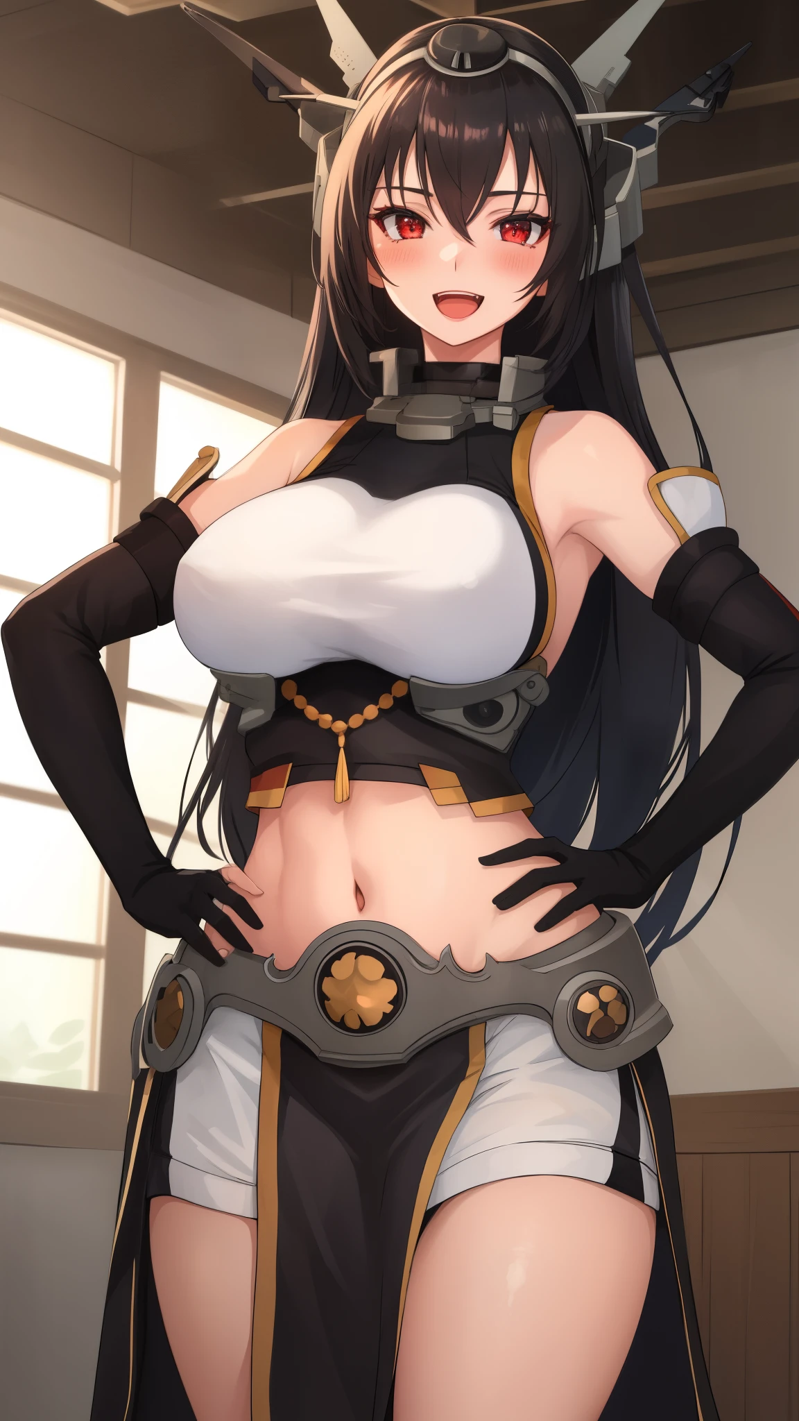 best quality, masterpiece, highres, solo,  black_hair, long_hair, red_eyes,saggy breasts, hair_between_eyes, headgear, large_breasts, smile, 1girl, bare_shoulders, elbow_gloves, gloves, hairband, fingerless_gloves, looking_at_viewer, navel, blush, midriff,indoor,hands on hip,open mouth,wide hips,milf