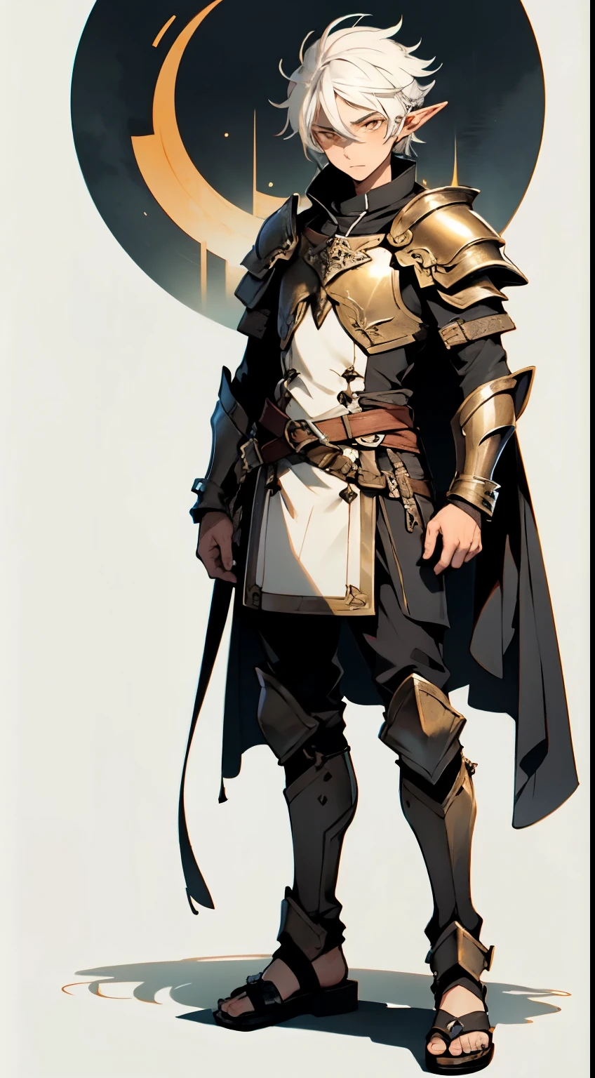 holy Bitchmade male elf with white hair and orange eyes and armor wearing sandals