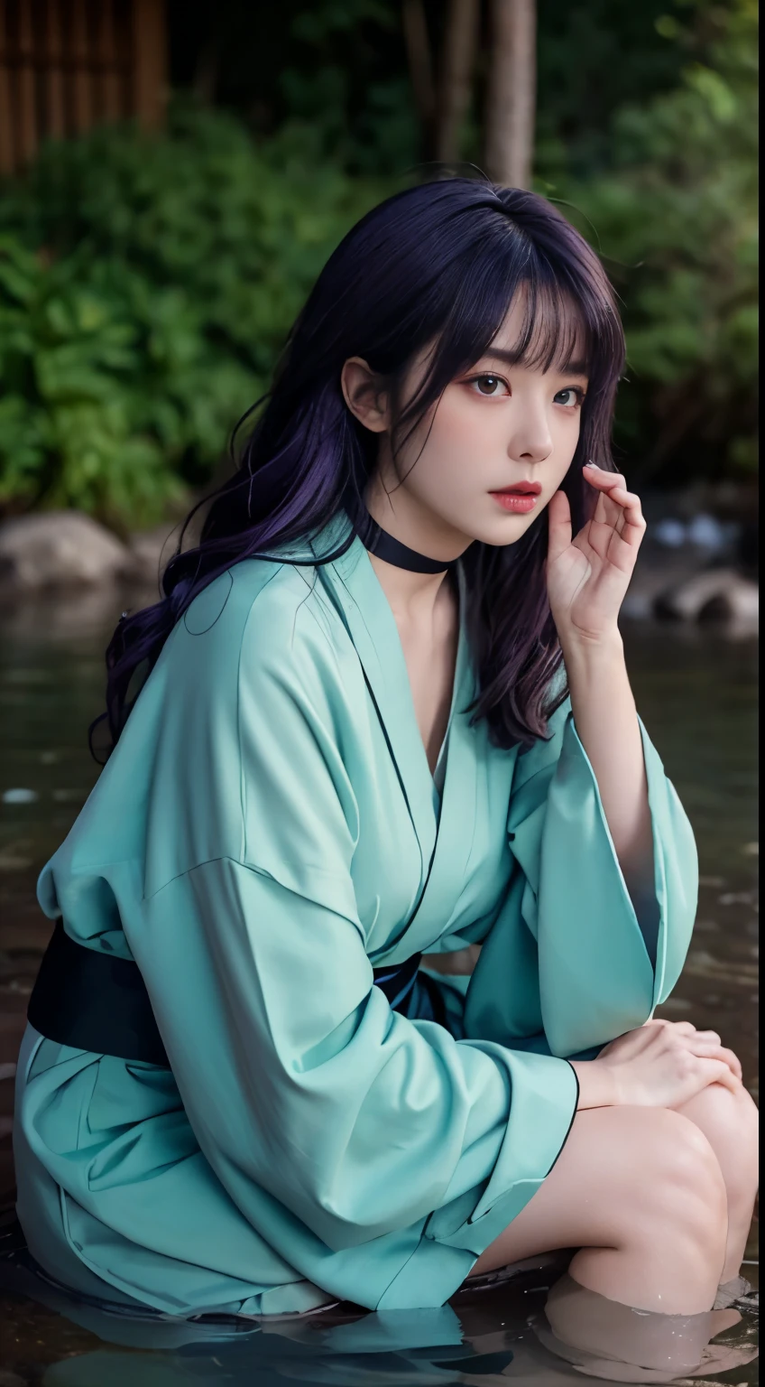 1girl, blush, (short kimono, choker: 1.2), water, rock, footbath, solo, outdoor, hot spring, side view, shut up, long hair, purple hair, red eyes, saggy natural , heavy natural big breasts , mature woman, curvaceous, forehead, swept bangs, cowboy shot, sitting