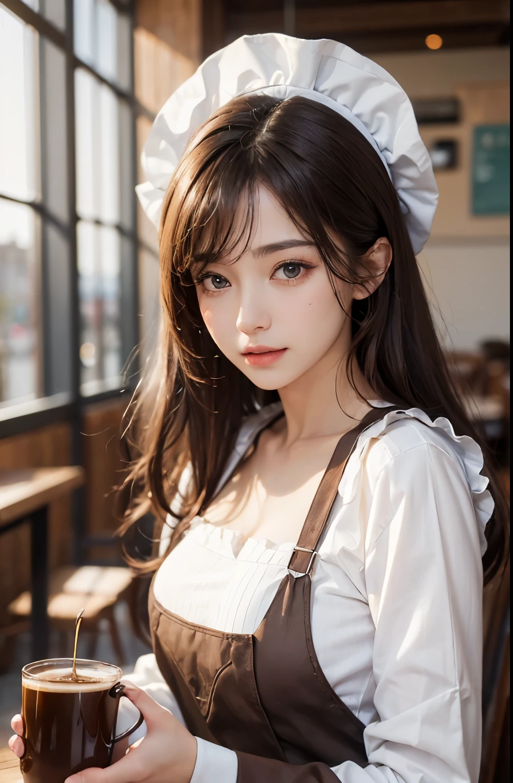 ((highest quality、8K、masterpiece:1.3))、standing、Sharp focus:1.2、(Realistic、Photorealistic:1.37)、Laughter、Woman with beautiful face、28 years old、Pointed Chest、Long eyelashes、Colored Contact Lenses、big 、Delicate、Very fine grain、Highly detailed eyebrows、(Sharp eyebrows)、(Thin eyebrows).Highly detailed face、(Brunette messy hair:1.3、From below、Detailed Background(8K、masterpiece、highest quality、Raw photo、Brunette messy hair:1.3、Inside the cafe、A woman dripping coffee、Apron appearance、pantyhose:1.2、Coffee Roasting