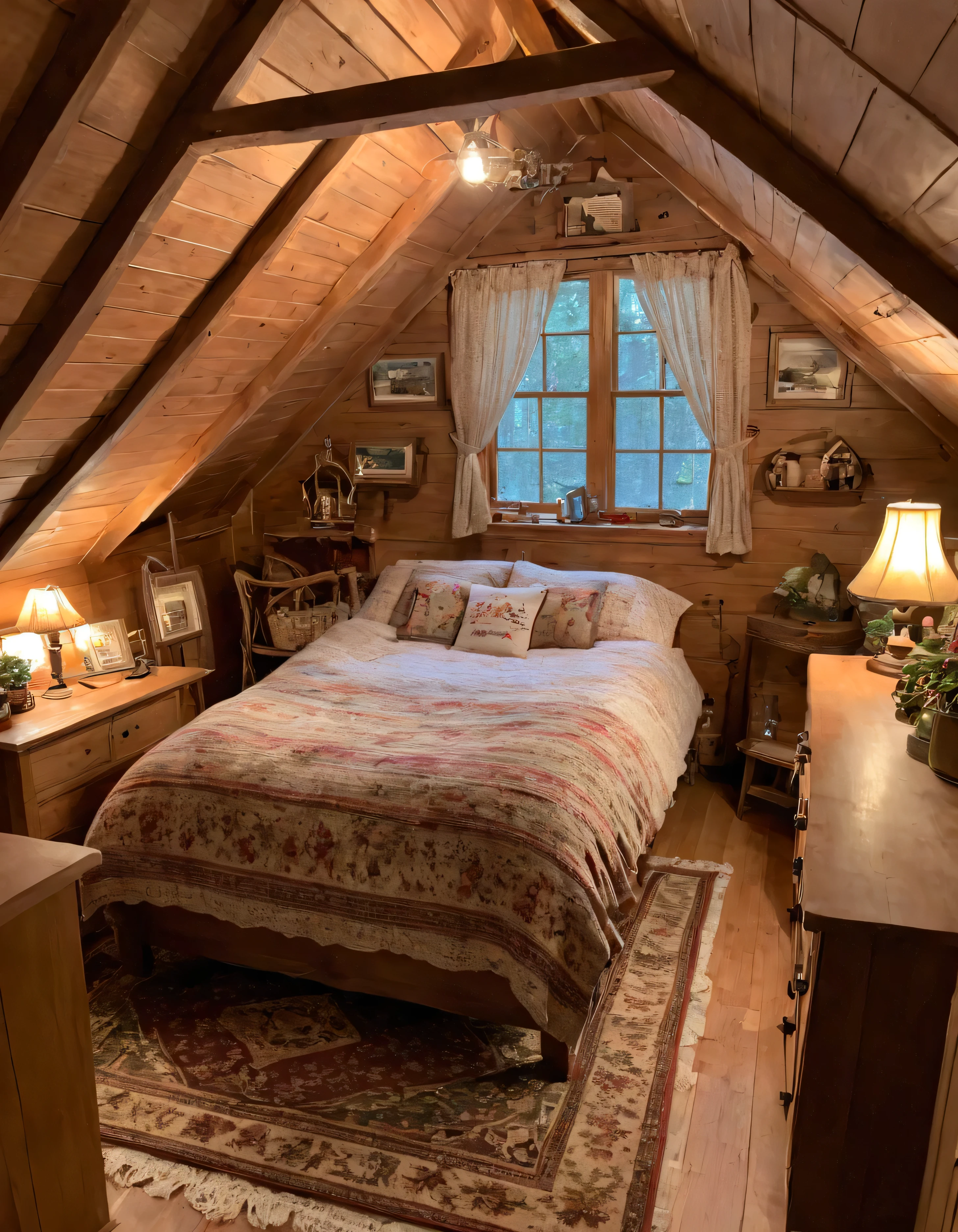 arafed bedroom with a bed and a rug in a small room, cozy room, cozy treehouse bedroom, small bedroom, cozy place, cozy bed, cottagecore hippie, thomas kinkade. cute cozy room, in an attic, cottagecore, cozy and peaceful atmosphere, pleasant cozy atmosphere, cottagecore!!, cabin in the woods