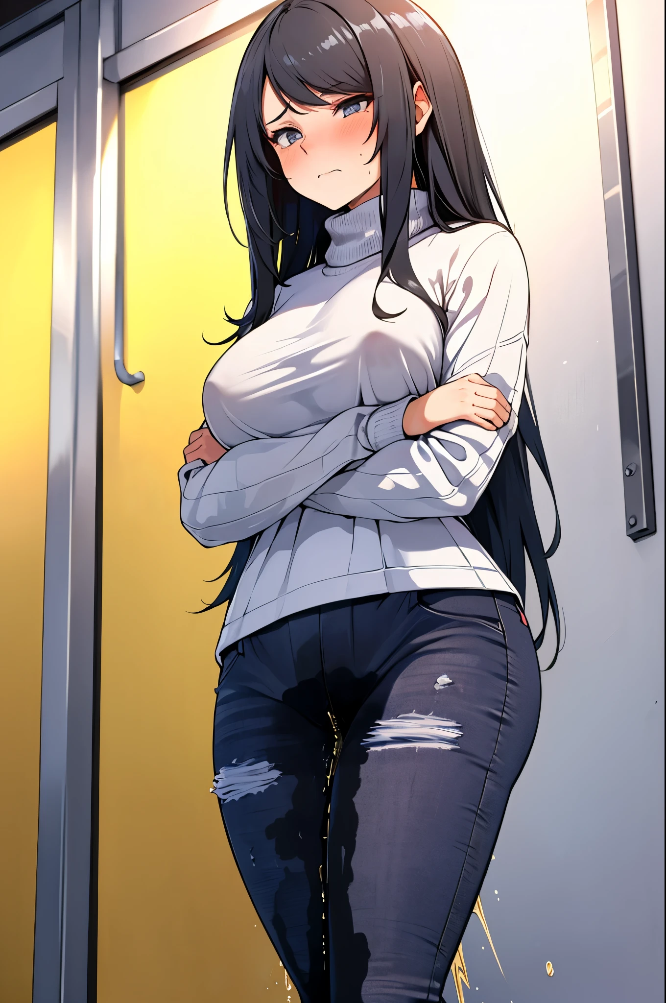 A woman with very long black hair, (very long hair:1.25) and (long bangs:1.5), wearing a stylish jacket and jeans (low-cut jeans:1.5), (low-rise jeans:1.5), standing. The artwork is inspired by manga and incorporates a doujin style. The woman appears to be (wetting herself:1.5), which causes her to feel embarrassed and humiliated, resulting in a blush on her face. In addition, there is an air of anger in her expression. The lighting in the scene is moody, with a spotlight highlighting the woman's figure, Her arms are crossed (crossing arms:1.5), showcasing a very large pee stain that covers almost the entire front of her pencil jeans., large breasts, cleavage, skinny