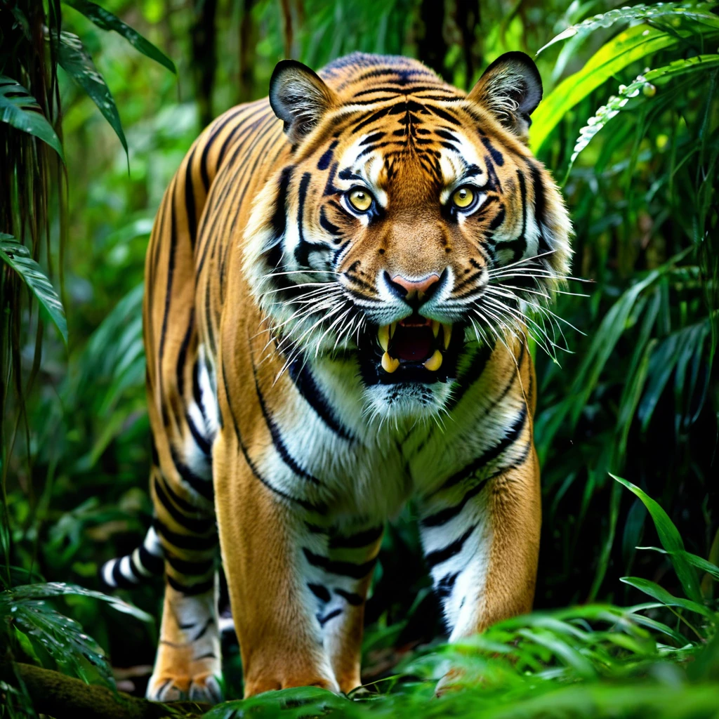 (highres:1.2),(realistic:1.37),tiger,jungle,stalks through the jungle,seeking prey,ferocious,striking,green foliage,thick vines,majestic creature,intense gaze,sharp teeth,powerful muscles,wild and untamed,hidden in the shadows,silent footsteps,intense yellow eyes,rippling stripes,camouflaged,predator,blend with the environment,alert and focused,primeval forest,stealthily moves,ready to pounce,hunting instinct,ambushes its prey,survival of the fittest,vivid colors of the jungle,piercing roars,prowling in the wilderness,wilderness sounds,unrelenting pursuit,ferocity,king of the jungle,mesmerizing beauty,intrepid hunter,lurks in the undergrowth,darting movements,graceful and agile,dominance in nature,unseen danger,invisible predator,untamed power,adapts to its surroundings,perfectly evolved,dangerous and majestic.