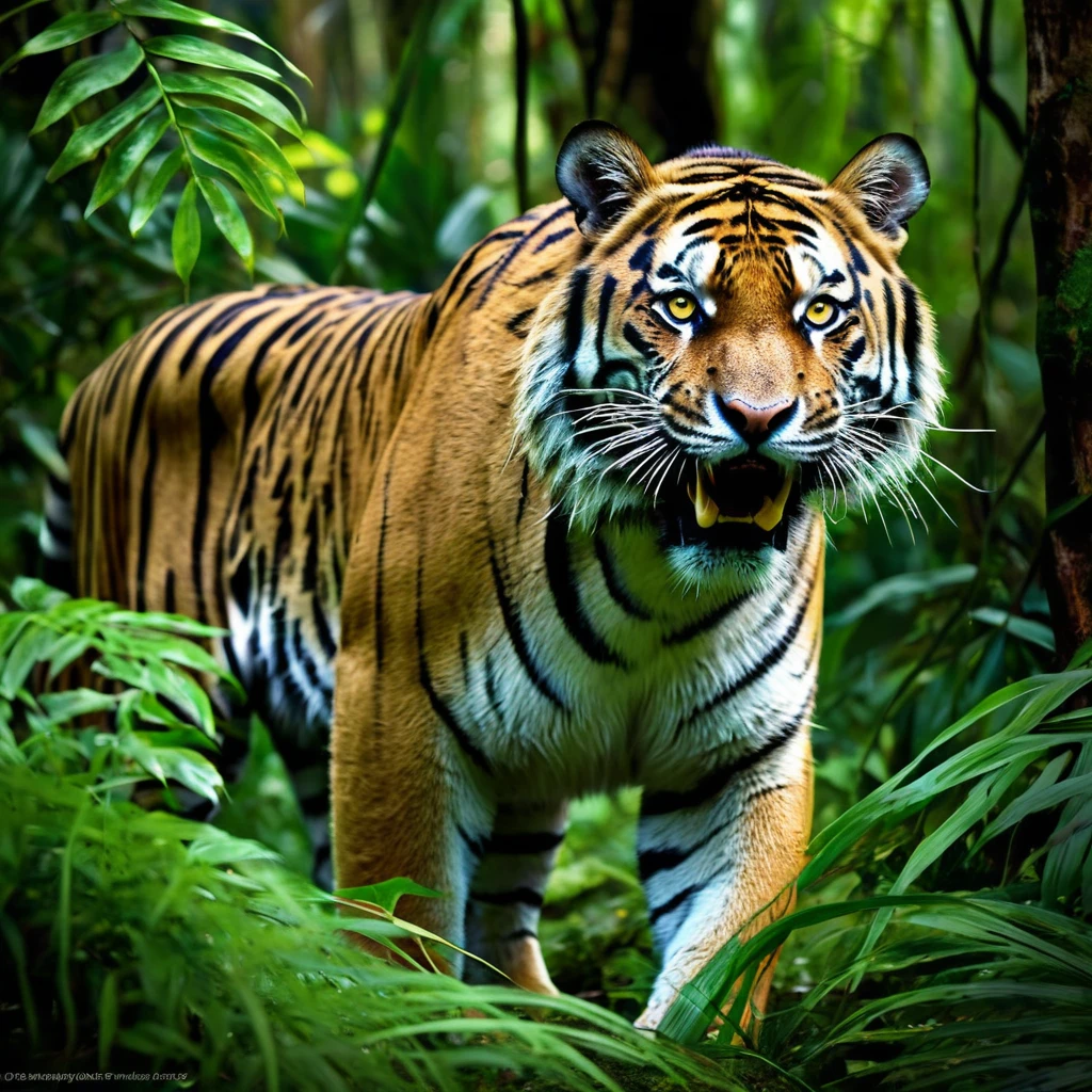 (highres:1.2),(realistic:1.37),tiger,jungle,stalks through the jungle,seeking prey,ferocious,striking,green foliage,thick vines,majestic creature,intense gaze,sharp teeth,powerful muscles,wild and untamed,hidden in the shadows,silent footsteps,intense yellow eyes,rippling stripes,camouflaged,predator,blend with the environment,alert and focused,primeval forest,stealthily moves,ready to pounce,hunting instinct,ambushes its prey,survival of the fittest,vivid colors of the jungle,piercing roars,prowling in the wilderness,wilderness sounds,unrelenting pursuit,ferocity,king of the jungle,mesmerizing beauty,intrepid hunter,lurks in the undergrowth,darting movements,graceful and agile,dominance in nature,unseen danger,invisible predator,untamed power,adapts to its surroundings,perfectly evolved,dangerous and majestic.