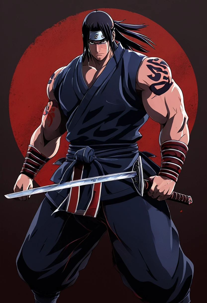 Anime character , A large, muscular fighter carrying a sword with Itachi written on it