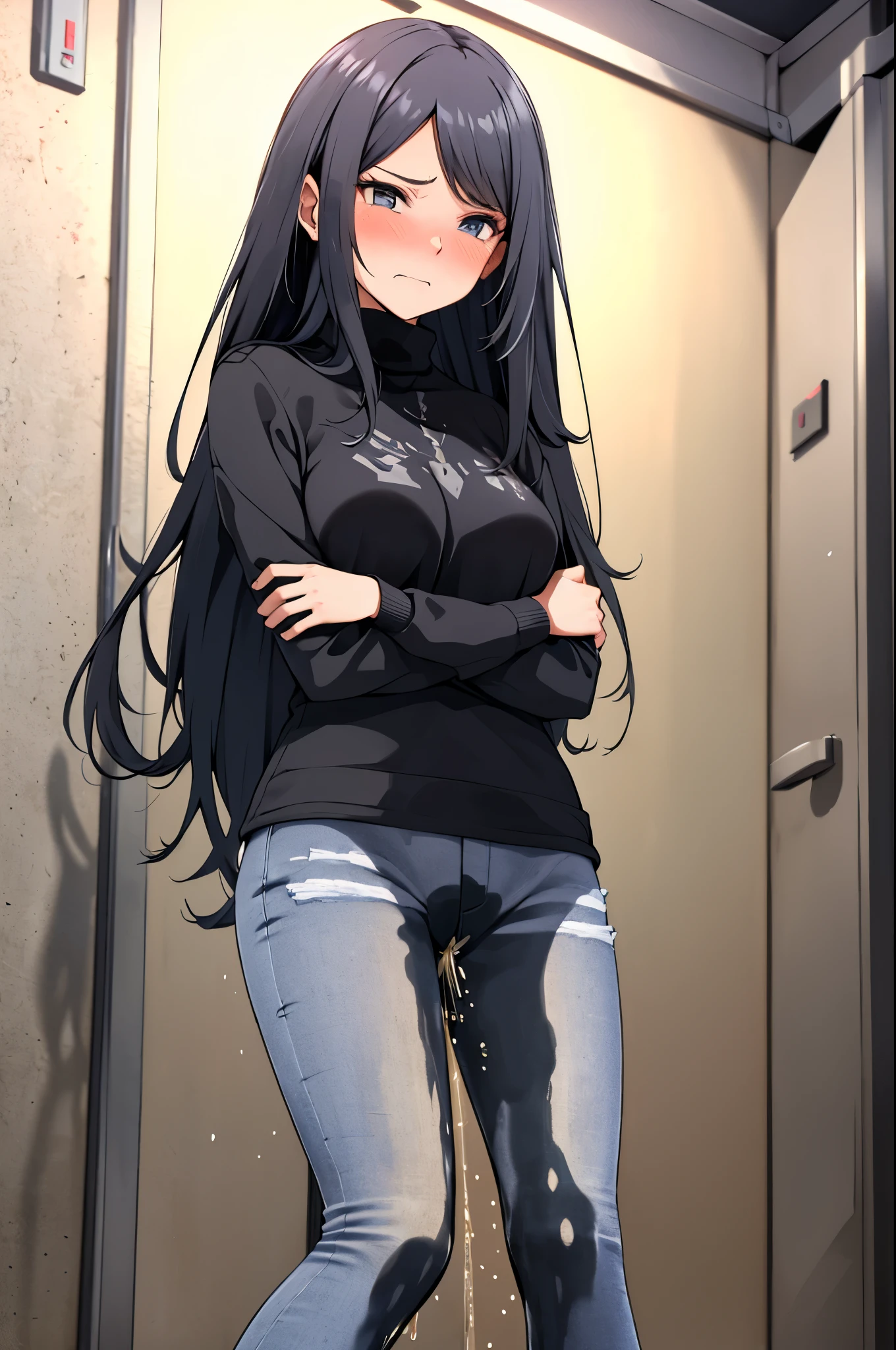 A woman with very long black hair, (very long hair:1.25) and (long bangs:1.5), wearing a stylish wool turtleneck sweater with jeans, long sleeves, (low-rise jeans:1.25), (low-cut jeans:1.25), standing. The artwork is inspired by manga and incorporates a doujin style. The woman appears to be (wetting herself:1.5), which causes her to feel embarrassed and humiliated, resulting in a blush on her face. In addition, there is an air of anger in her expression. The lighting in the scene is moody, with a spotlight highlighting the woman's figure, Her arms are crossed (crossing arms:1.5), showcasing a very large pee stain that covers almost the entire front of her jeans., large breasts, skinny