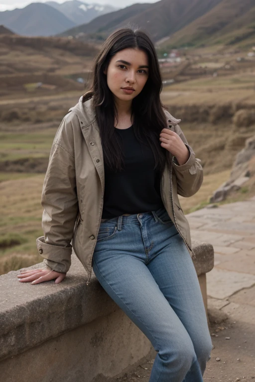 Pretty emo girl with black hair and a real look with jeans and a very warm jacket in the landscapes of Cusco - Peru 