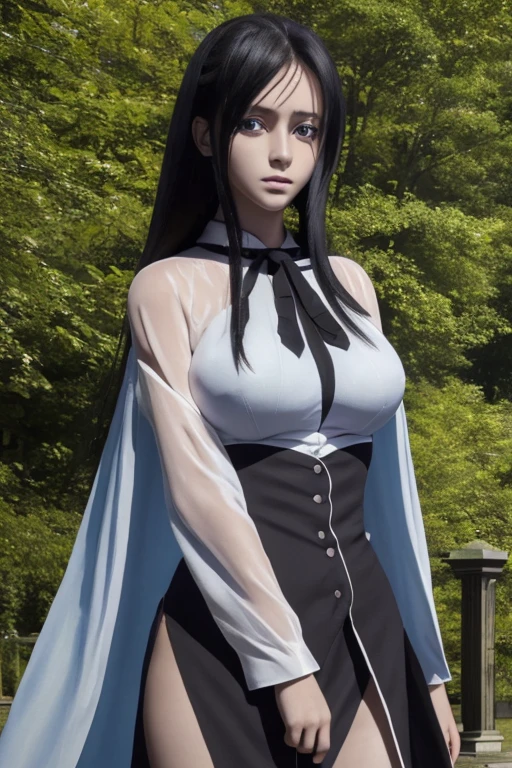 Best quality, masterpiece, ultra high res, (photorealistic:1.37), raw photo, 1girl, perfect body, long straight black hair, slight smile, slit long cloth parted, perfect big breasts, perfectbody, pookies, beautifull eyes,  beautifull face, detailed eyes and face, split cloth, split, dynamic lighting, blue Eyes, in a beautiful fantasy park, One piece, eyes looking at the camera