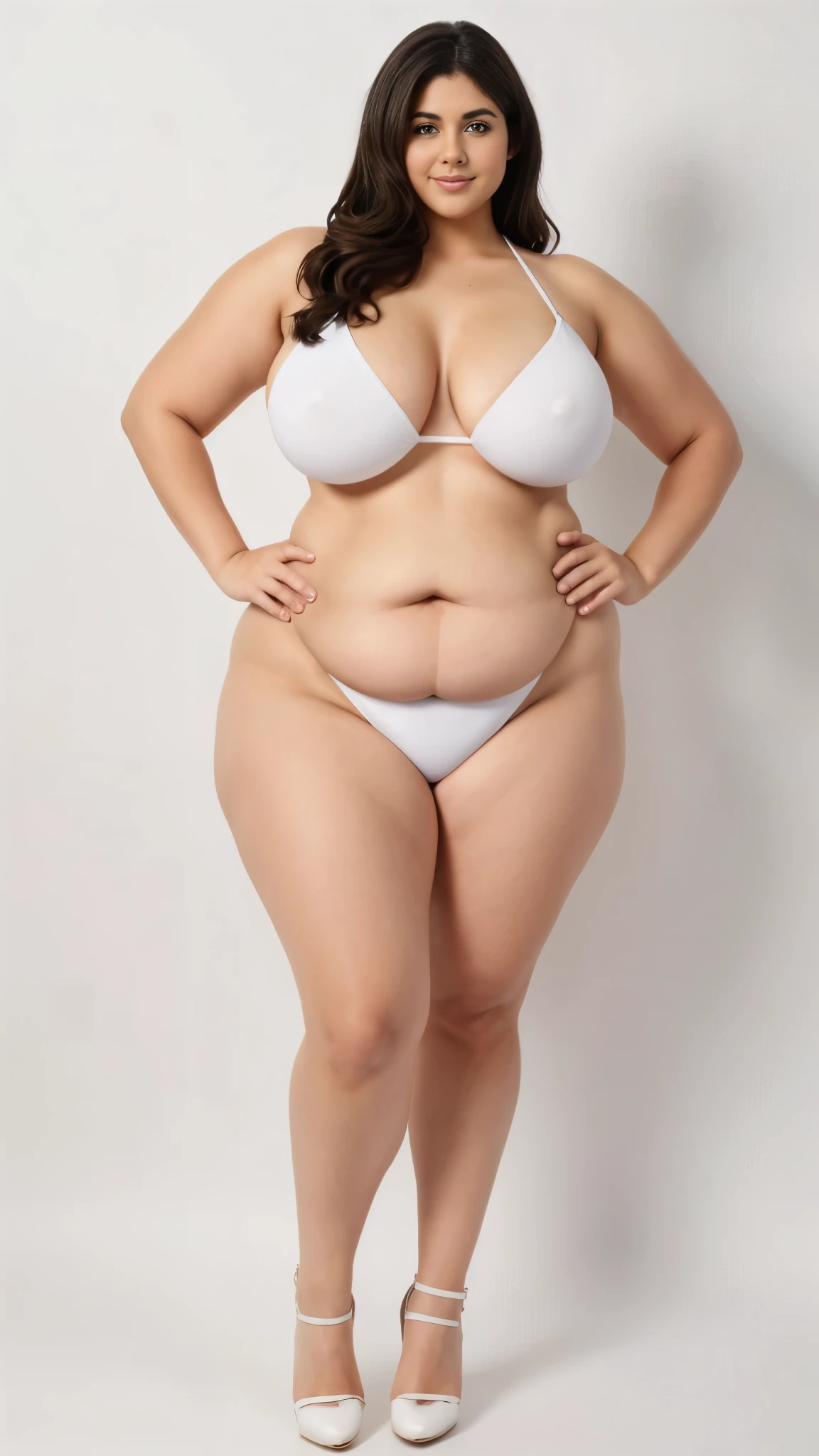 style:photo | Alltotal Body Photo Of glamour Woman, as a 45_old woman, big Jumbo breast, fat sight_hair, Izrael Syria woman standing、preppy,viewed_from_distance, full_body, wide_angle view, entire_body_in_view、fat girl、one personlly、Thick body、Full body portrait、Standing on tiptoes、Stand with your feet shoulder-width apart、Stand with your hands on your hips、Stand facing forward、Simple white background、Blank white background、Big belly、Thick waist、Blank background、Competitive swimmer、Swimwear、Micro Bikini、High heels、