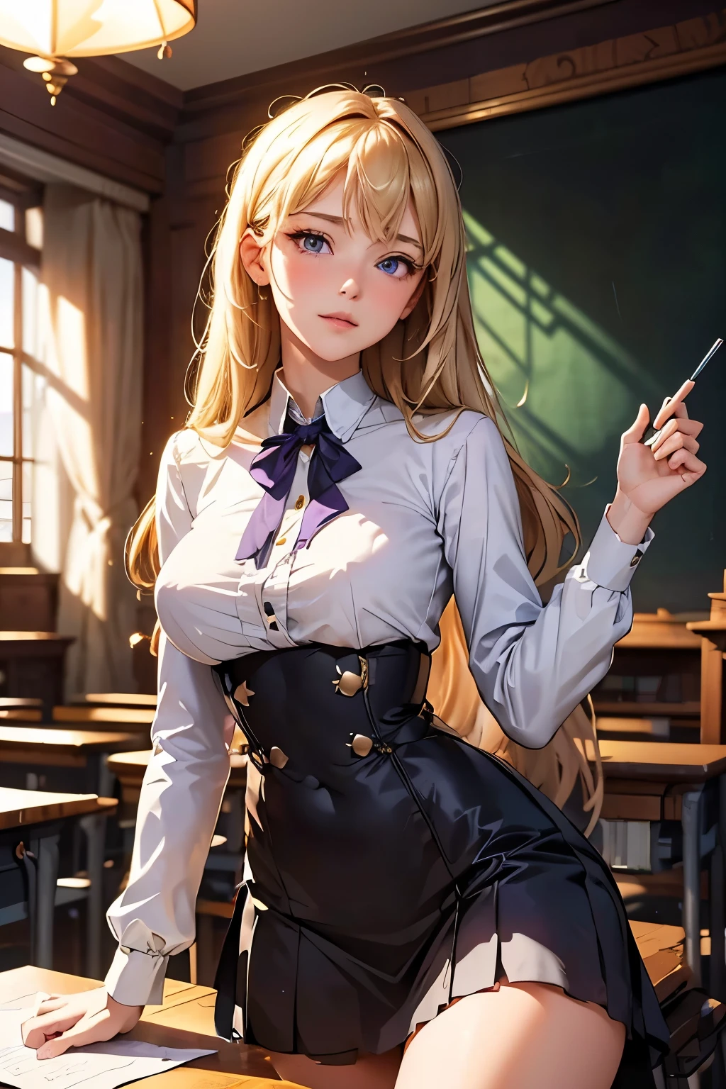 masterpiece, best quality, (Highly detailed CG Unity 8k wallpaper), (best quality), (Best Illustration), (The best shadow), (Stable Diffusion Model), Violet Evergarden, sparkling, fair, Victorian bedroom, Dynamic Lighting, Depth of Field,In a classroom, a Western blonde girl with a vacant gaze, long hair cascading down her shoulders, dressed in a school uniform, leans over a desk, surrounded by stacks of books, equations scrawled across the blackboard.









