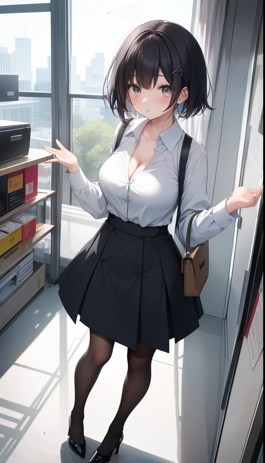 One Girl、positive、Standing posture、Full body portrait、Black Hair、Medium Haircut、blush、Absolute area、Black knee-high socks、Knee-length、stockings、Black Pantyhose、White underwear、Light blue shirt、Blue-gray business suit、Grey tight mini skirt、Japanese office lady、Summer clothes、classroom、Standing at the podium、Daytime、(Very large breasts)、Cleavage、open chest shirt、((Lesbians all over the world))、masterpiece、(highest quality)、
Panties around the ankles、Black high heels、Shirt buttons fly off、The wind blows up my skirt、hold the skirt with both hands