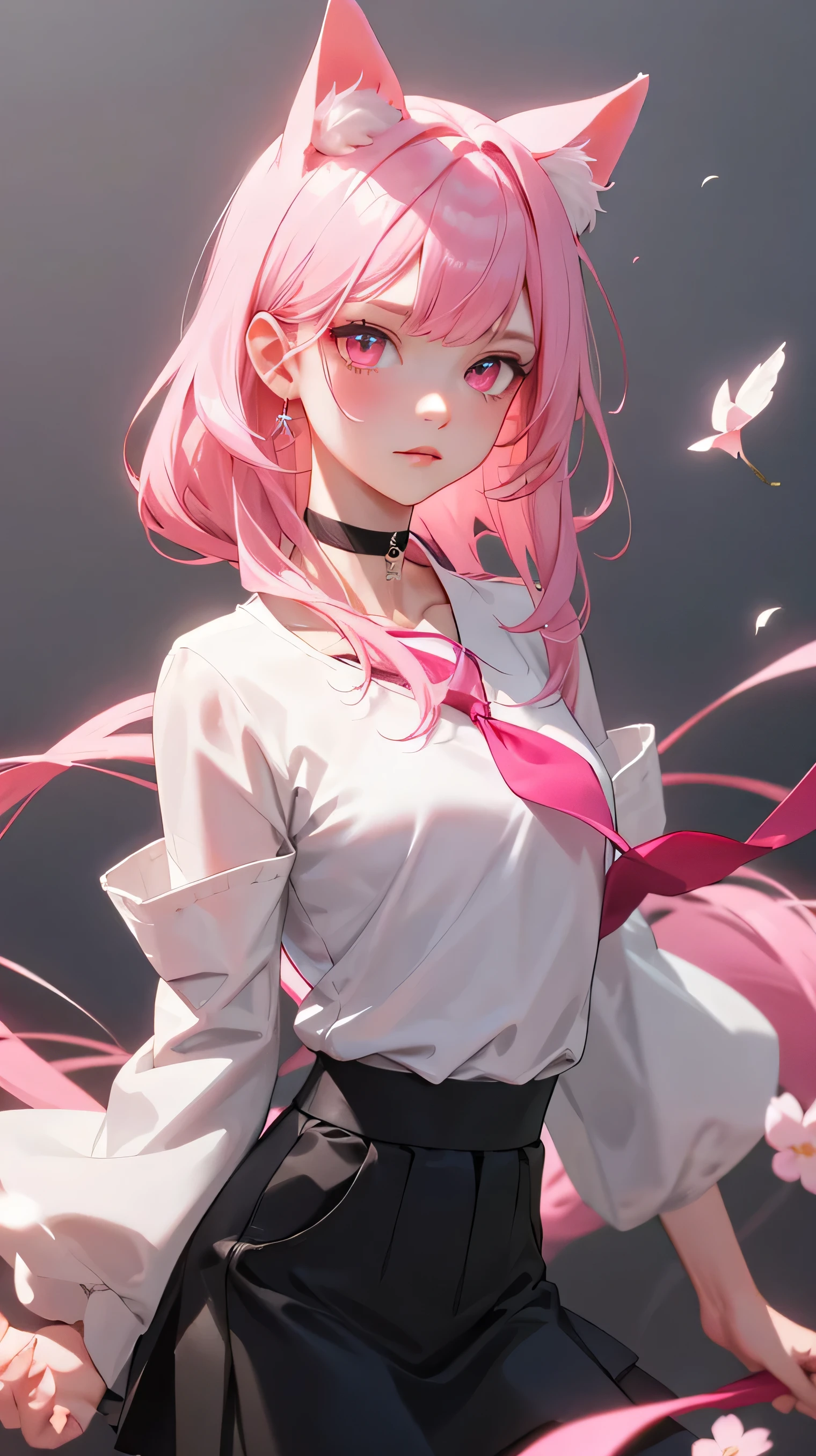 a handsome female,delicate facial features,long pink hair,pink cat ears,pink eyes,White top with sleeves,Choker, blackskirt,Sakura,K HD,higly detailed,hiquality,Good atmosphere,Delicatessen,CG рендеринг,Detailed rendering,(Subtle facial image)(Image of fine hair)(topquality)(Masterpieces of masters)(High degree of completeness)(A sense of atmosphere)