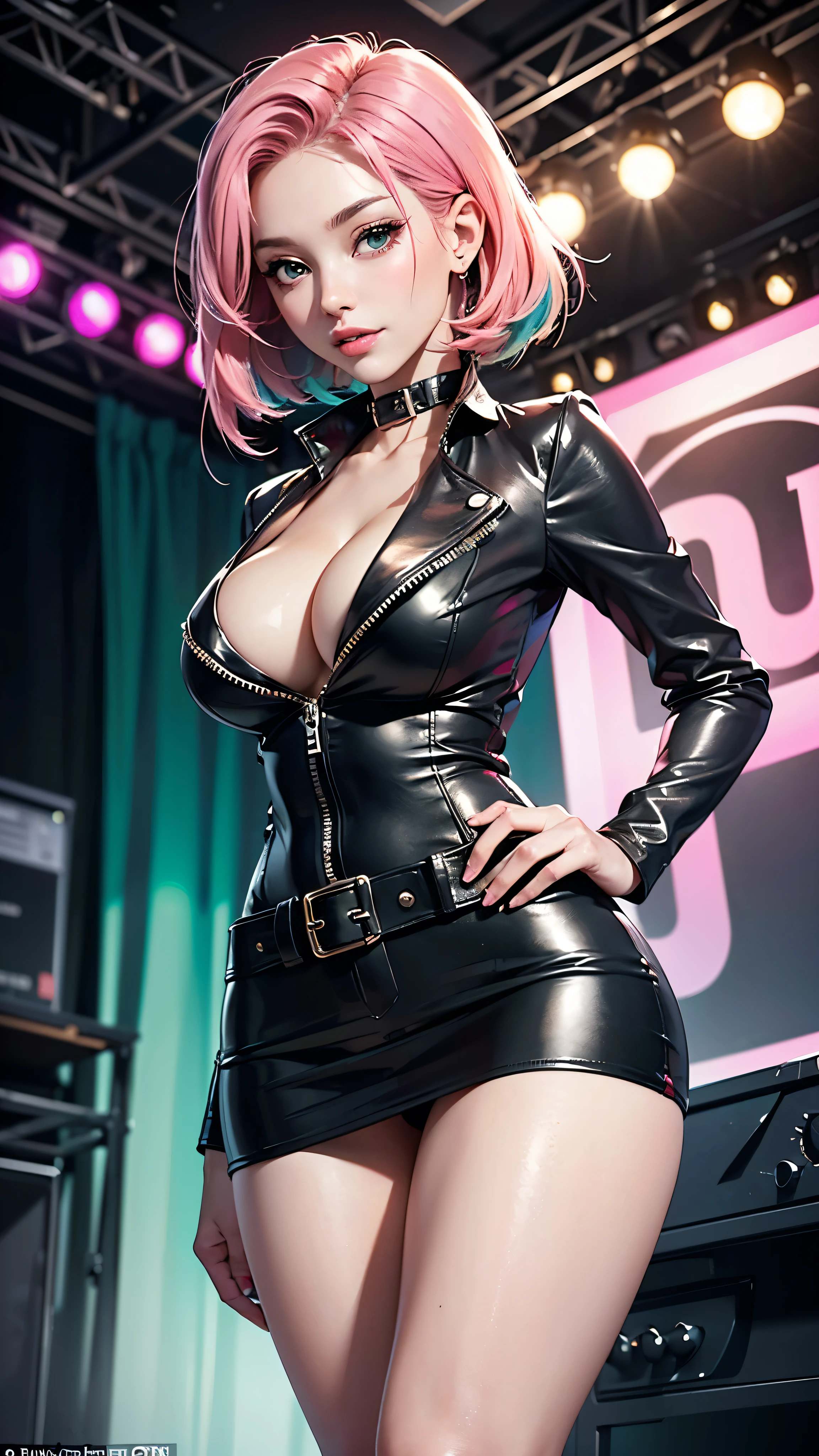 (((Only 1 woman))), ((high frontal shot)), masterpiece, 8k, high quality, ultra detailed, anime style, CG Unity, beautiful anime woman, ((30 years old, rockstar)), (((pale skin: 1.3))), wearing sexy (((leather outfit, miniskirt))), (((cleavage: 1.3))), (((green and pink hair))), blue eyes, ((perfect body)), (((breasts:1, waist:1.1, hips:0.9, toned legs:1))), looking directly to camera, sexy gaze, sexy smile, ((lucious lips)), (((sexy pose))), it is an (((artificial lighted scene))) in a rock stage club