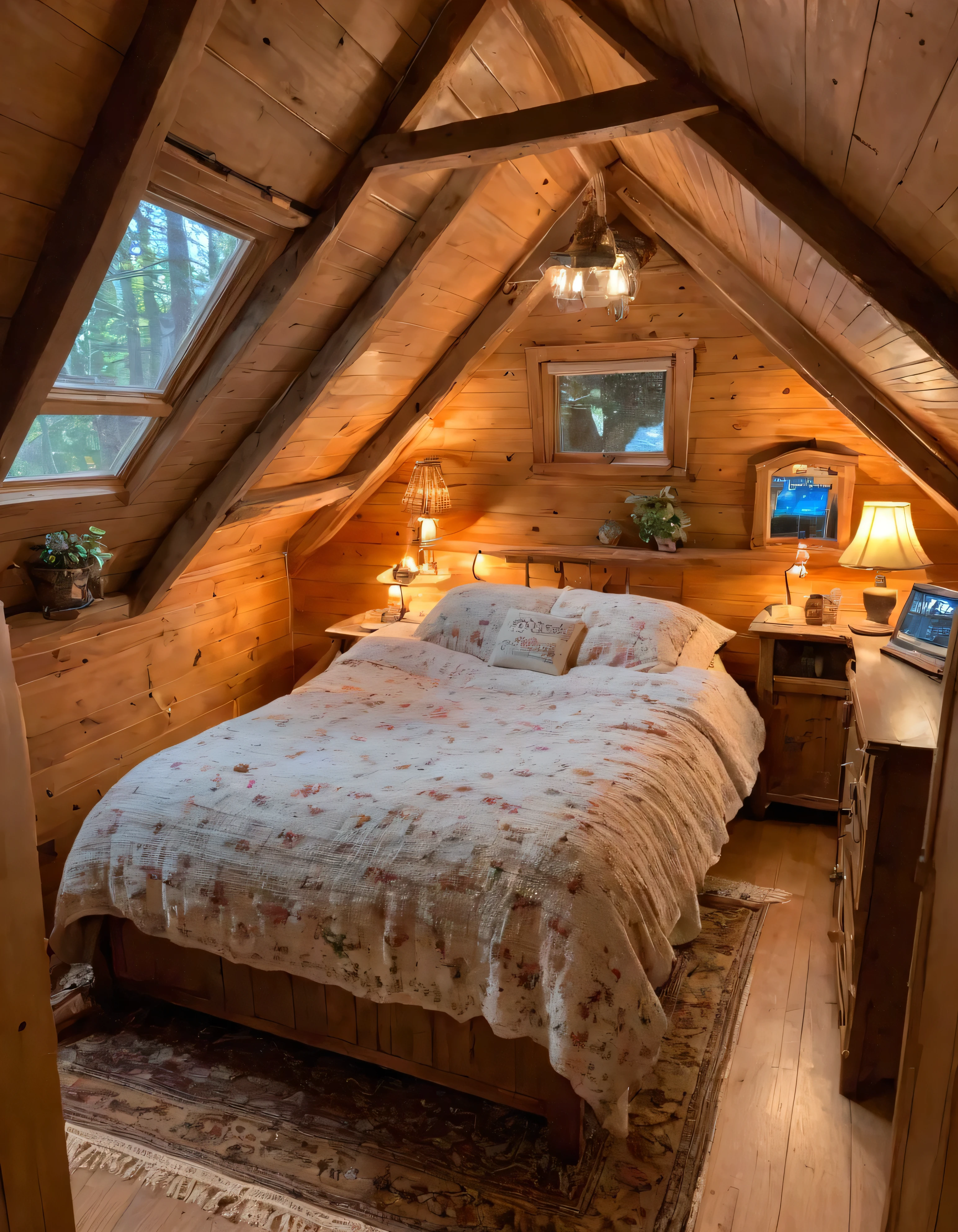 arafed bedroom with a bed and a rug in a small room, cozy room, cozy treehouse bedroom, small bedroom, cozy place, cozy bed, cottagecore hippie, thomas kinkade. cute cozy room, in an attic, cottagecore, cozy and peaceful atmosphere, pleasant cozy atmosphere, cottagecore!!, cabin in the woods