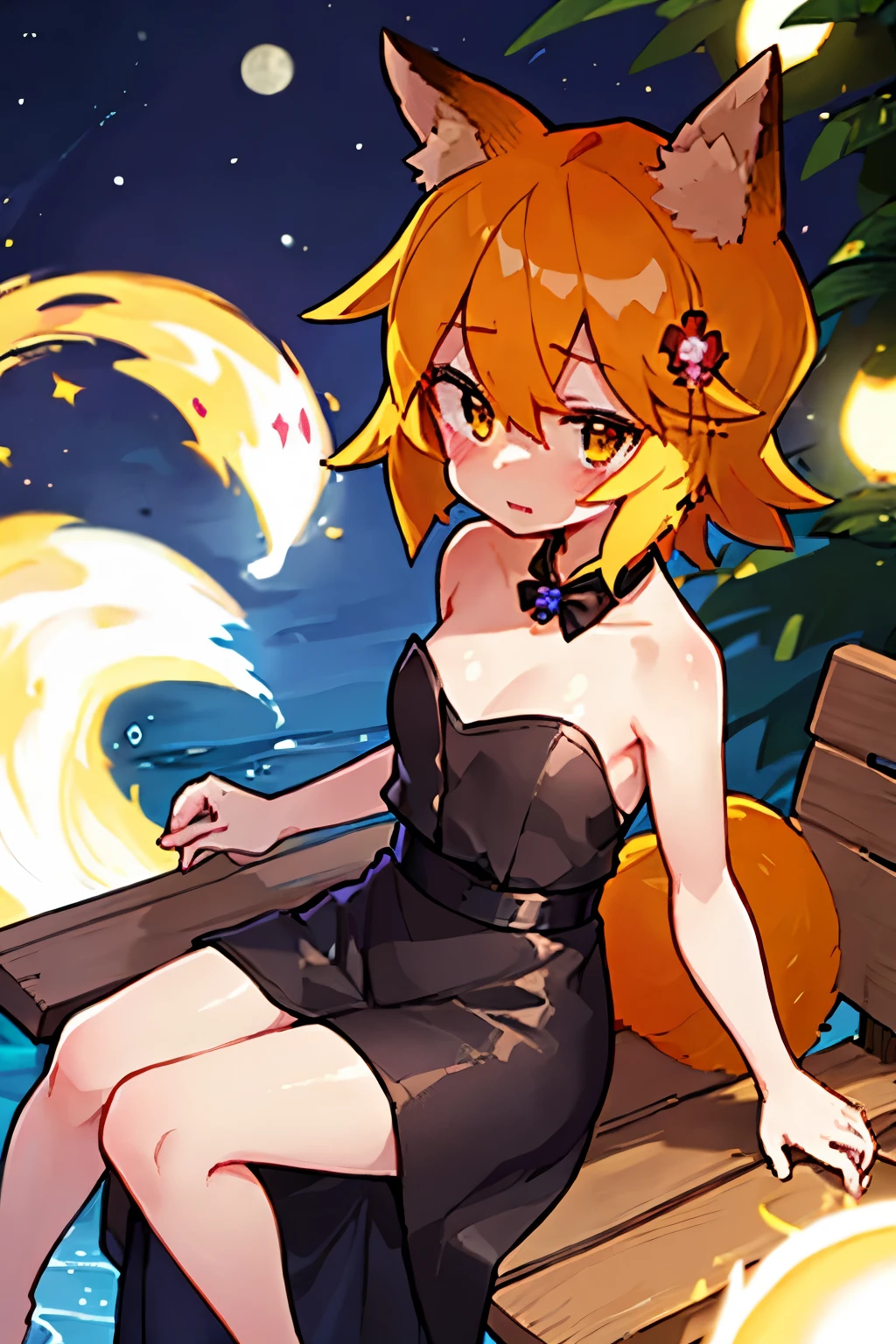 masterpiece, best quality, highly detailed, sen, animal ears, fox ears, fox girl, fox tail, hair flower, hair ornament, orange eyes, orange hair, short hair, tail, blush, looking at viewer, , girl, small breasts, detailed hands, keqing (opulent splendor) (genshin impact), official alternate costume, dress, night, strapless dress, looking at viewer, cleavage, black dress, strapless, bare shoulders, bangs, bow, detached collar, ribbon, double bun, two-tone dress, hair ornament, black bow, hair ribbon, blue dress, bowtie, sitting on bench