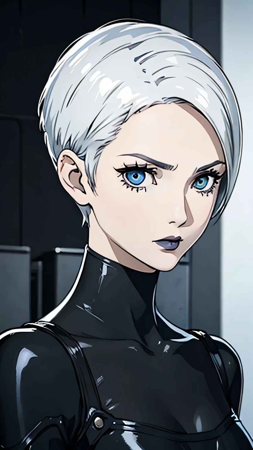 1girl, serious face, lipstick, very Short hair, white hair, blue eyes, portrait, Pixie hair cut, Black battle suit, black choker, Black lipstick , tomboy pixie haircut, forehead