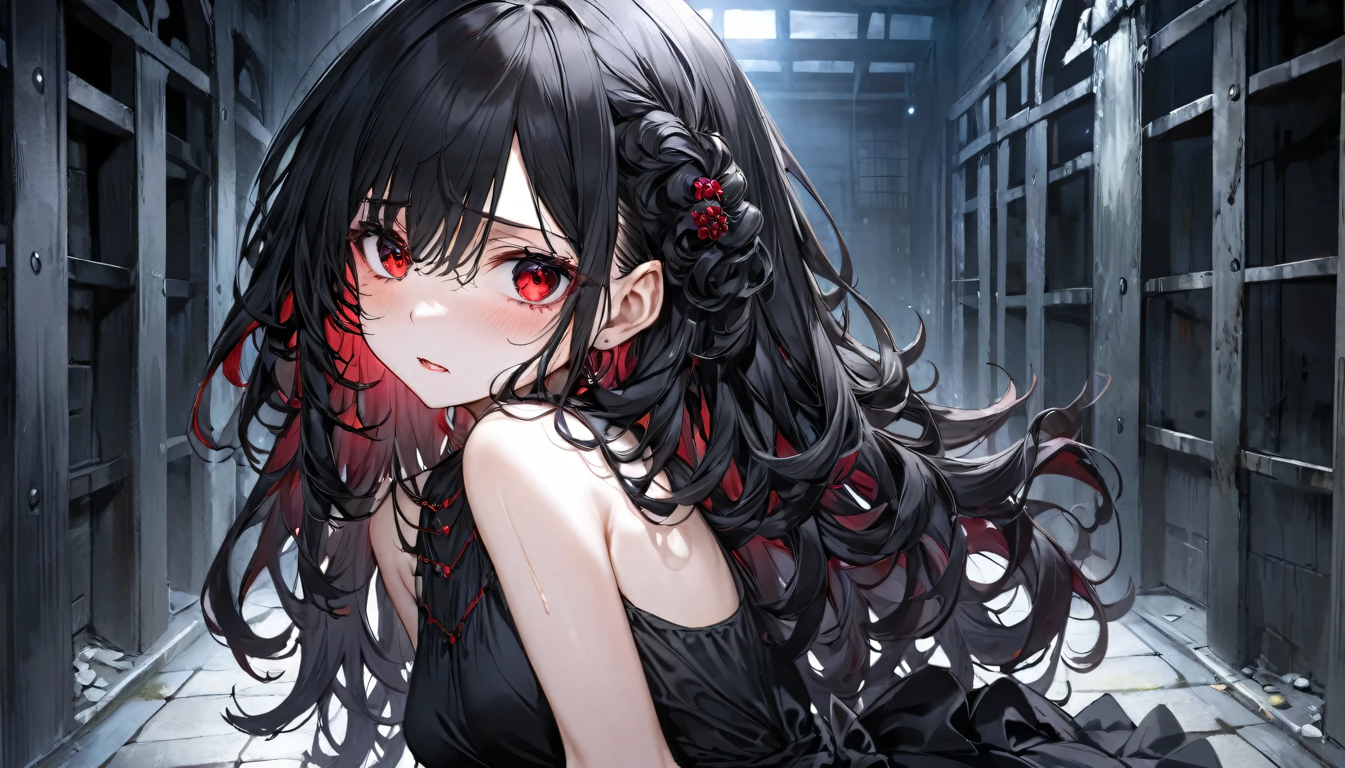 ((Outlaw:1.4 underground evil style)) ((in a beautiful black evil dress)), (solo curly:1.4 black hair long hair evil princess girl, , sad red eyes, painful:1.3 face sweaty:1.4 skin) is (hugging own body), break, (in the Underground Temple of the Evil God, in night, background a Prison), BREAK, perfect anatomy, masterpiece, best quality, 16k.