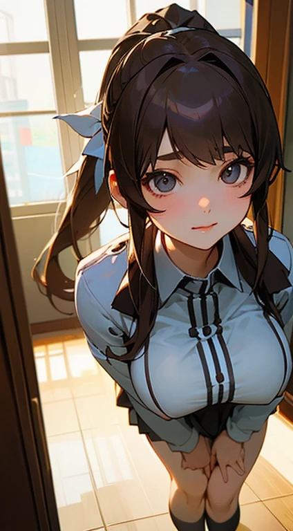 A girl、漂亮又beauty的眼睛、Lovely、Professional lighting、best quality、beauty、(Uniforms: 1.5)、indoor、Ponytail、(Large Breasts: 1.3)、Proportionate face、School、Beautiful legs、whole body