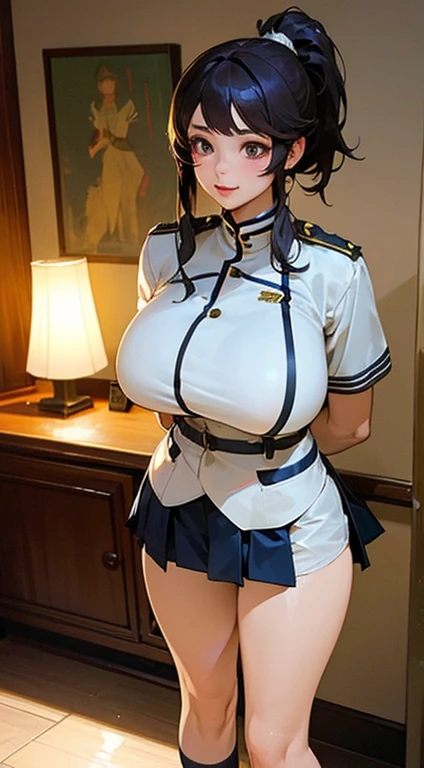 A girl、漂亮又beauty的眼睛、Lovely、Professional lighting、best quality、beauty、(Uniforms: 1.5)、indoor、Ponytail、(Large Breasts: 1.3)、Proportionate face、School、Beautiful legs、whole body