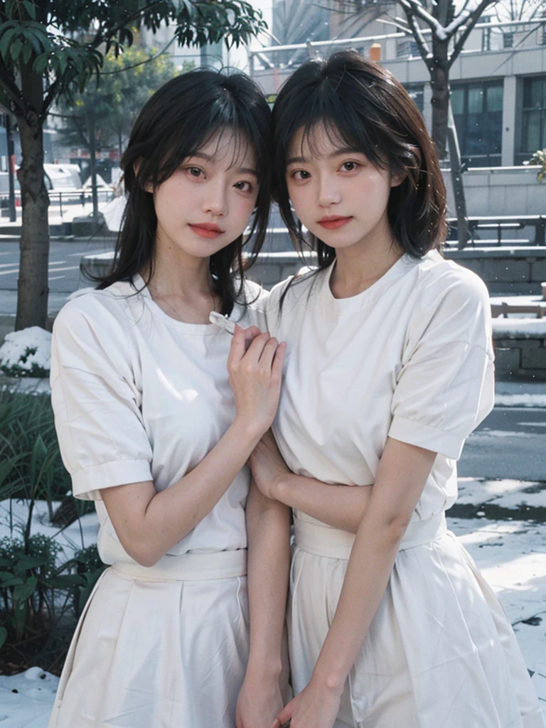 best quality， ultra high resolution， White background，（Upper body：1.4）（realistically：1.4）， 2个girl， gold short sleeves，cute，Atmosphere，twin，A pair of eyes as clear as snow,Royal sister，girl , with long white dress , stand in the park ,