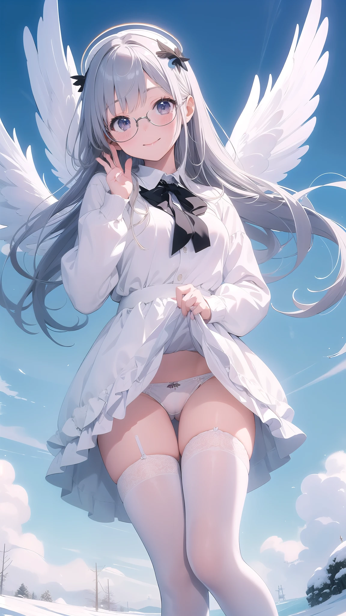 (masterpiece:1.3), (absurdres:1.3), (best quality:1.3), (ultra-detailed:1.3), snow, (((Snowfield))), full body, waving, smile, 1girl, nagisa-fi, halo, white wings, long sleeves, white dress,Gothic ta maid outfit、 capelet, white skirt, black pantyhose, white high heels,Big angel wings、Big Wings、Floating in the sky、Floating in the air、Ultra-slim legs、((Amazingly cute))、White panties are visible、Wears thin-framed glassey panties are stained with my love juices、Glasses、