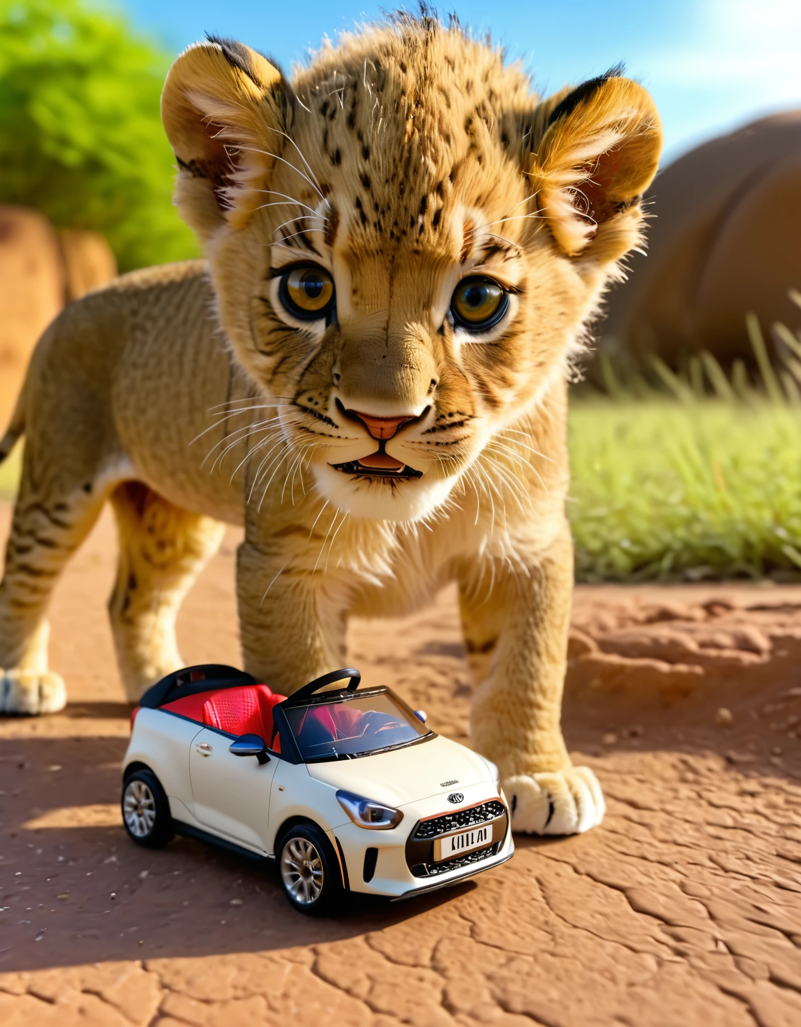 (close-up photo of a lion cub and a toy car,4k,highres:1.2),vivid colors,HDR,UHD,studio lighting,physically-based rendering,extremely detailed eyes and face,beautiful detailed eyes and lips,long eyelashes,shallow depth of field,warm color tones,savannah scenery,Kia Picanto toy car