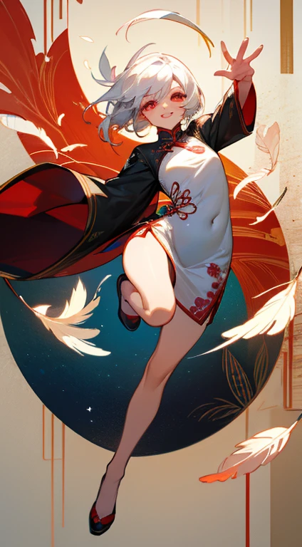 white hair,Red Eyes,person with bright smile,paint,Wearing cheongsam,Texture and sophistication,Combined with Chinese style elements,Feathers flying,Create fantastic effects,Present beautiful works with high-quality pictures。