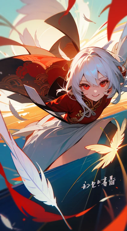 white hair,Red Eyes,person with bright smile,paint,Wearing cheongsam,Texture and sophistication,Combined with Chinese style elements,Feathers flying,Create fantastic effects,Present beautiful works with high-quality pictures。