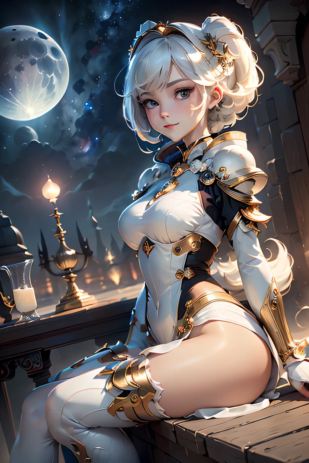 (masterpiece, best quality, dutch angle)(1girl, solo)(white hair, red eyes)(smile, sitting,floating hair)(universe、Milky Way、Lunar City)Above the knee tights