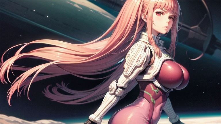 masterpiece, best quality, kenmarinaris, red eyes, bodysuit, shoulder pads, gauntlets, black gloves, cowboy shot, from side, outer space, looking at viewer, neutral expression, large breasts 