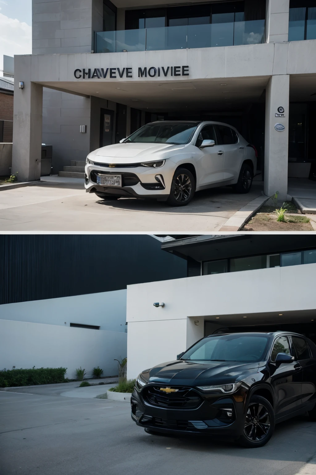 Imagine a new version of the futuristic 2025 Chevrolet Onix Plus Sedan vehicle parked in front of a very beautiful mansion