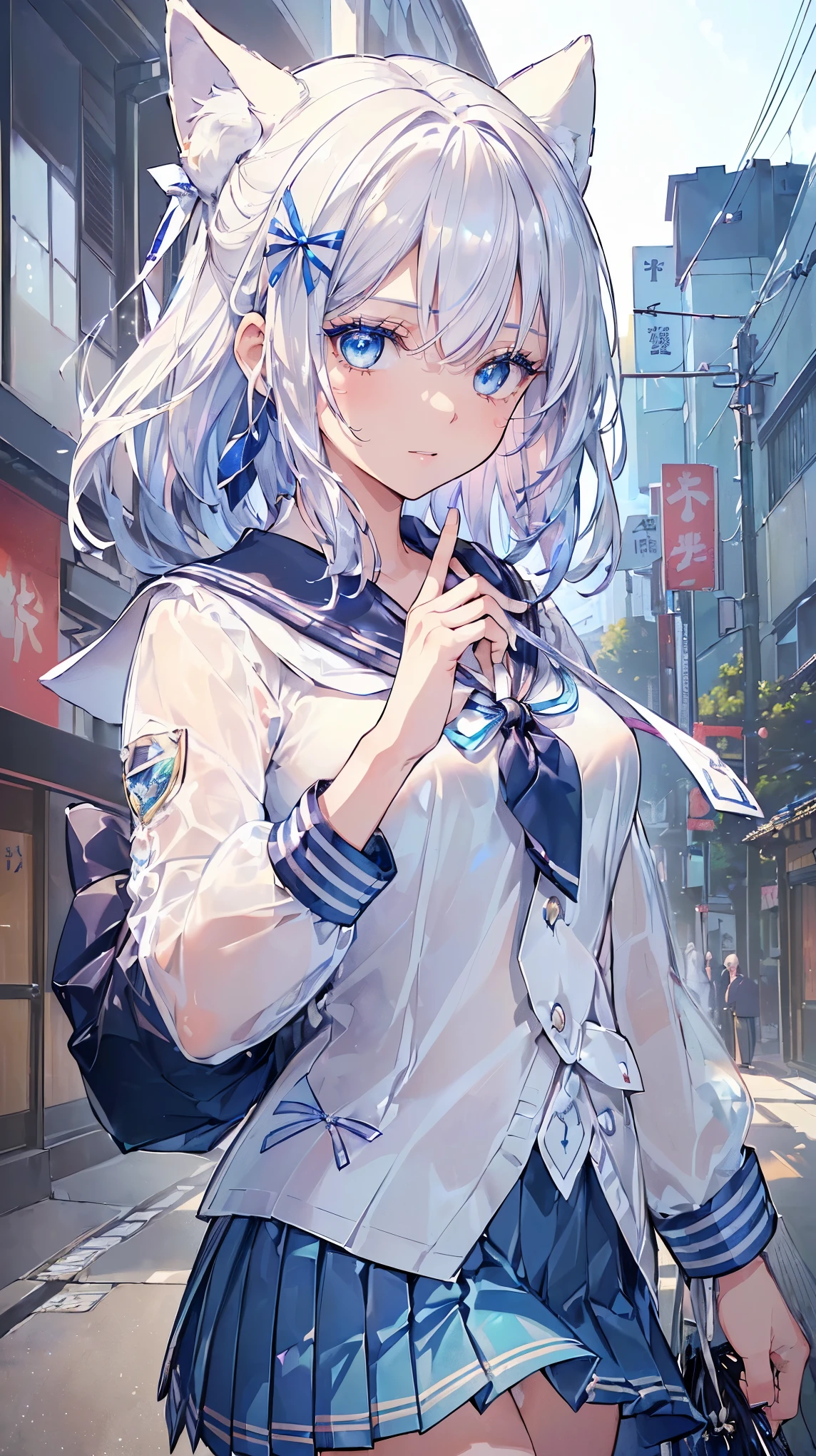 (((Masterpiece))), (((Highest quality))), ((Ultra-detailed)), ((Super fine illustration)), ((Ultra-fine painting)), (16K highest quality wallpaper:1.4), (Upper body:1.6), HDR, (Highly detailed and delicate illustration style:1.8), Detailed skin texture, Detailed cloth texture, Extreme detailed description, (T-masterpiece), (Highly detailed face:1.4)、(Highly detailed silver fox ears:1.2), (Highly detailed and shiny silver hair:1.2), (Highly delicate and clear blue eyes:1.2), Original, RAW photo, Professional, Intricate details, Super details, Direct light:1.6, (Perfect anatomy:1.4), (Highly detailed hands:1.2), (Highly detailed fingers:1.2), (Highly detailed fingertips:1.2), (18-years-old), (Solo:1.8), Real, (Sexy), (Sexy), ((Very beautiful and attractive silver fox female model in Japanese high school:1.4))
BRAKE
(Beautiful and adorable silver fox ears:1.6), (Highly detailed and delicate silver fox ears:1.2), (Beautiful and well-shaped big breasts:1.2), (Beautiful and well-shaped buttocks), (Very beautiful and shiny rainbow-colored hair, colorful hair:1.6), (Very beautiful and transparent blue eyes that shine in iridescent colors, colorful eyes:1.5), (Beautiful clear blue eyes with sparkling details:1.6), (Highly detailed face:1.4), (Smile:1.3), (looking at viewer:1.4)
BRAKE
(Very detailed and delicate (Sailor blouse, skirt:1.5) or (Blazer with ribbon or tie, white shirt and checked pleated skirt:1.5) for spring:1.2)
BRAKE
(day time:1.2), Walking to school, ((Very detailed and delicate street in Harajuku in Tokyo:1.6)), (Highly detailed and delicate background:1.4)
BRAKE
