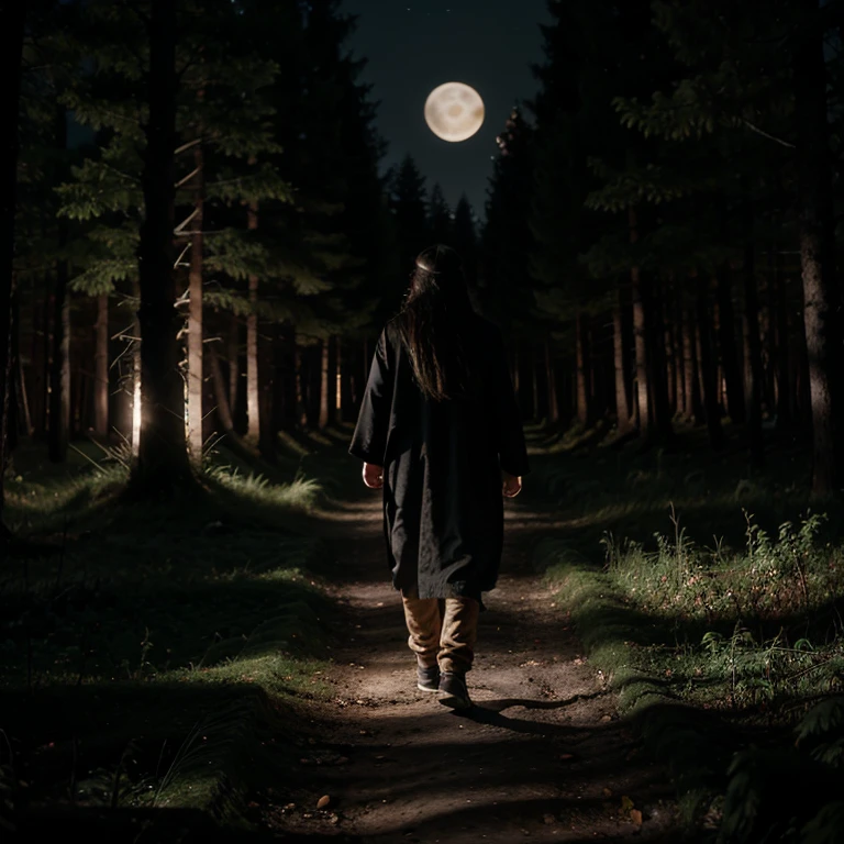 Athletic long-haired wizard walking through a dark forest with the full moon in the background