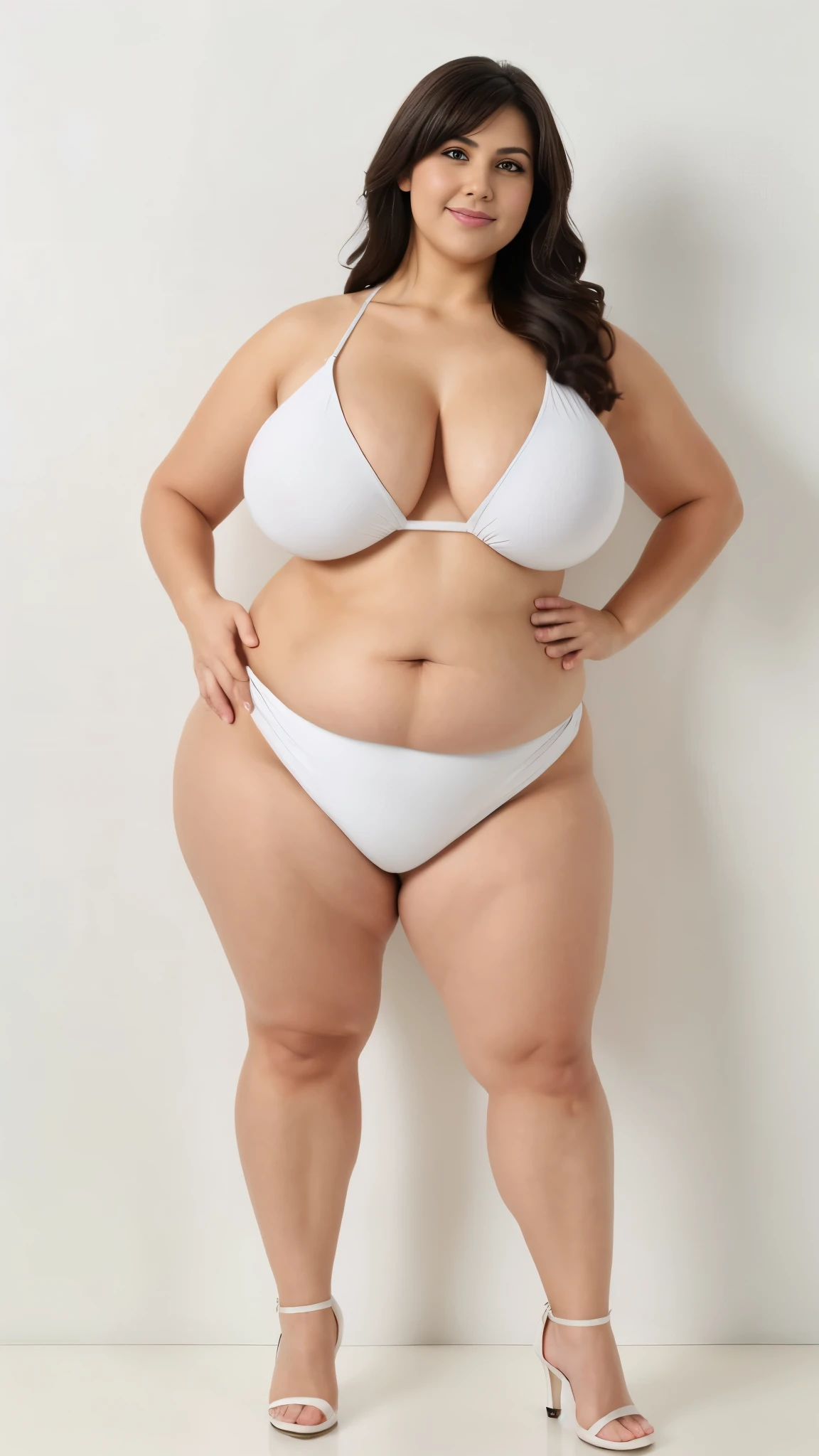 style:photo | Alltotal Body Photo Of glamour Woman, as a 45_old woman, big breast Jumbo breast sexy, fat straight_hair, Izrael Syria woman standing、preppy,viewed_from_distance, full_body, wide_angle view, entire_body_in_view、fat girl、one person、Fat belly、Thick body、Full body portrait、Standing on tiptoes、Stand with your feet shoulder-width apart、Stand with your hands on your hips、Stand facing forward、Simple white background、Blank white background、Big belly、Thick waist、Blank background、Competitive swimmer、Swimwear、Micro Bikini、High heels、