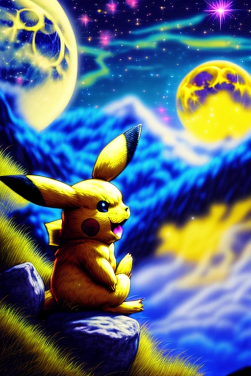 Pikachu usando trueno, pikachu enojado(full moon background,blue moon),(best quality,highres,masterpiece:1.2),vibrant colors,realistic portrayal, wallpaper, pikachu, detailed texture, moonlit scene, rocky terrain, electric sparks, high definition, glowing rocks, dynamic composition, dramatic lighting, fantasy elements