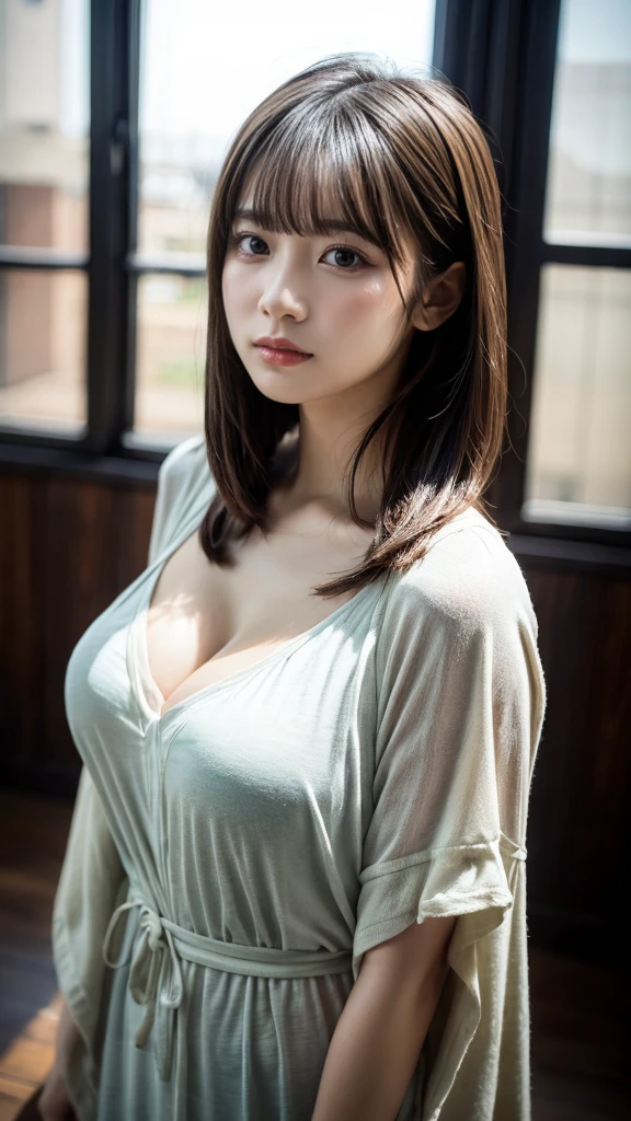 masterpiece, Best Quality, 8K, 20 yo, huge breasts, cuddly, Solo, sad, Cute, Girly, Delicate girl, Neat and clean beauty, Raw photo, Professional Photography, Portrait, Soft light, Professional Lighting, Back lighting, Upper body, front view, Sophisticated, Film grain, (Eyes and faces with detailed:1.0), short length floating hair, beautiful flowing hair, bangs, Lounge Kaftan