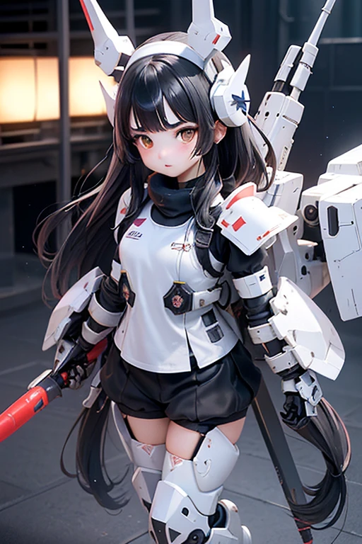 (highest quality)), ((masterpiece)), (Very detailed: 1.3), 3D, {(One Girl)}, (Navy blue bloomers and、Wear a white gym suit with a colored hem underneath the armor:1.2), (Black Hair:1.5), Wearing a futuristic Gundam mecha,(Heavy Armor Gundam), With headgear, With V-fin , Armored Shoulders,Armed, Armor at the feet, Short sleeve, Equipped with two huge weapons on its back, Leg-mounted weapon module, Multi-layer texture perfect ratio, Octane Rendering, Duotone Lighting, Low ISO, wide aperture, White balance, Three-part method, Ultra HD 16k, High resolution (High Dynamic Range), Ray Tracing, NVIDIA, Super Resolution, Scattered under the surface, PBR Texturing, Post-processing, Anisotropic Filtering, Written boundary depth, Maximum clarity and sharpness, Highly efficient subpixels, Subpixel Convolution, Particles of light, Scattered Light, Tyndall effect, whole body:1.5, Combat pose, cute, (cute:1.2), (Long Hair:1.3),Thick eyebrows, Pale-colored iris, big, Bright black eyes, Long eyelashes, small, Bright colors, Natural lips, (The average face of a Japanese idol), (日本人特有のBaby Face:1.3), (Baby Face), Wide forehead:1.2, Plump Cheeks, small jaw, In the Hangar,View your audience,Focus on the eyes