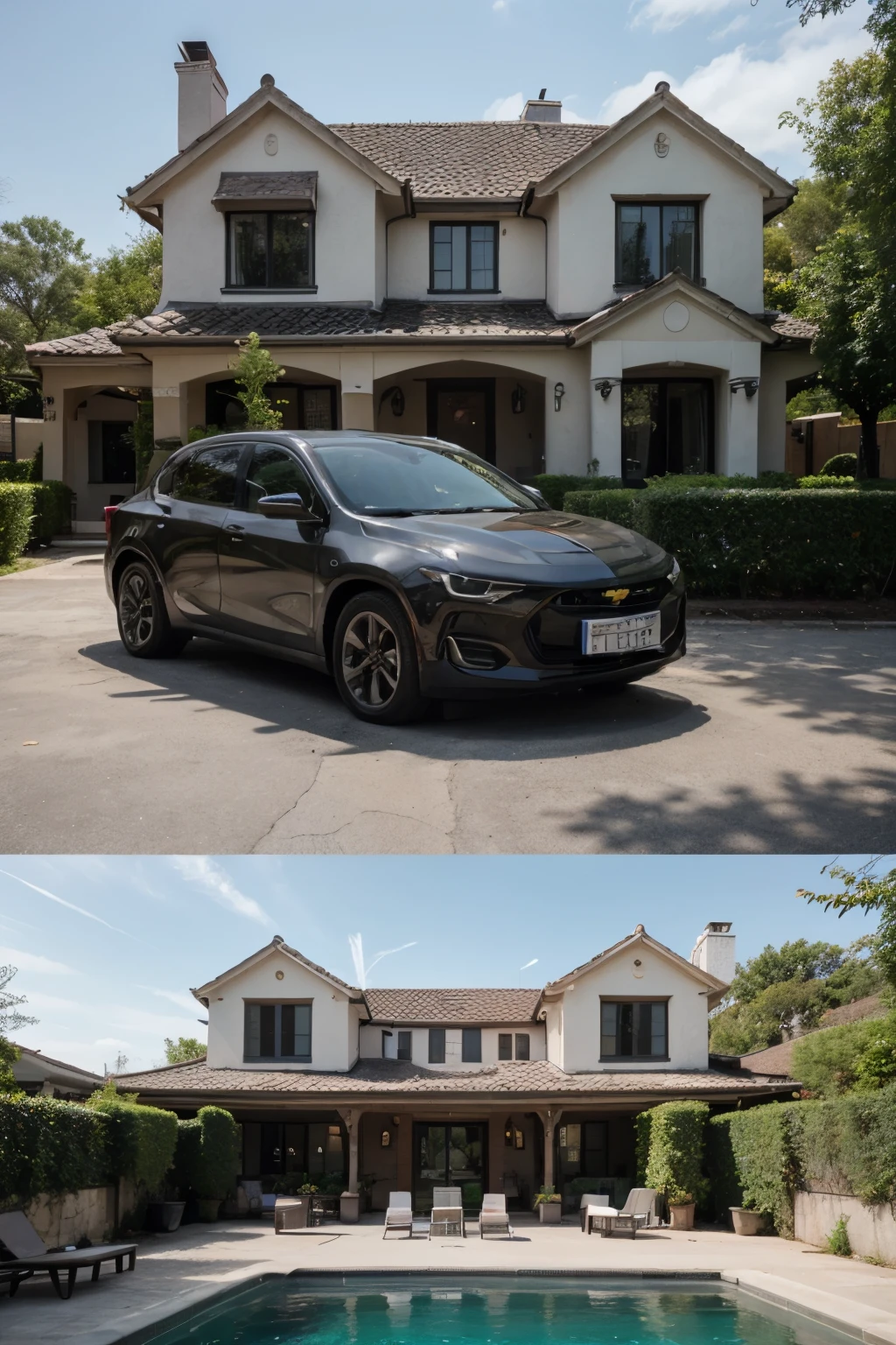 Imagine a new version of the 2030 Chevrolet Onix Plus Sedan vehicle of the future parked in front of a very beautiful mansion with a swimming pool and fantastic garden