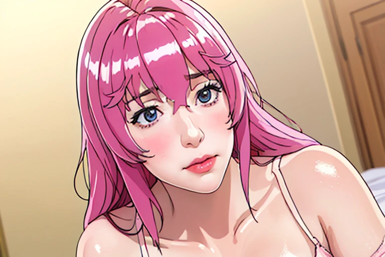 Ultra realistic, vintage photo, best quality, dream aesthetic (a little blurry in cinematic vibrant light), ultra-detailed, fine details, high resolution (image taken by analog camera), Perfect dynamic composition, illuminated pale skin, perfect shading, beautiful (realistic) detailed clear eyes, summer dress, pantyhose, pale-pink hair, long messy (silky) hair (pale pink), natural big breasts, Natural Color Lip (not smiling), face with shy and embarrassed expression, mouth open, Random and sensual poses, bedroom (background unfocused)、20 year old、dream atmosphere 