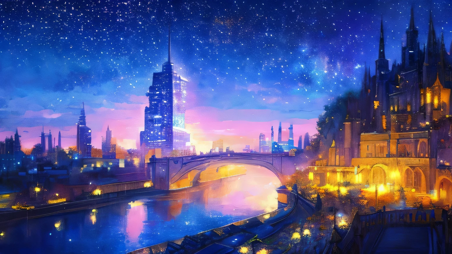 Met、Painting of a river with stars and moon in the sky、Met、Shining skyscraper、Shine overall、skyscraper、Concept art inspired by Tosa Mitsuoki、pixiv contest winners、highest quality、Fantasy art、Beautiful anime scene、Bright Moon、Moonlight Star Environment、Dream Painting、Anime Background Art、Fantasy Landscape Painting、Fantasy Knight、Anime Background、Background artwork、Great art、Atmospheric anime、Starry Sky、details enhanced。