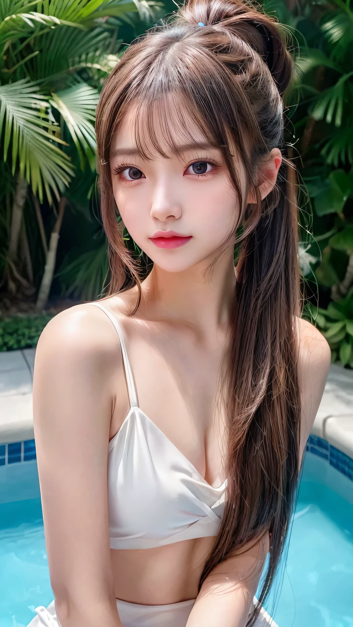 Outdoor,midnight,Very large pool,It's dark outside,Lit up with neon lights,bikini,Blushing,Facing forward,Small breasts,,Long hair ponytail,((8K, Raw photo, Best Quality, Mastepiece:1.2), (Realism, Photorealistic:1.4), (Highly detailed 8k wallpaper), Depth of written boundary, Cinematic Lighting, Soft Light, Detailed Beauty Eye,Shiny and smooth light brown ponytail, Asymmetrical bangs, Shiny skin, Ultra-detailed skins ,It is high resolution., High detail, Detailed hairstyle, Detailed facial beauty, Hyper-realistic, Perfect limbs, Perfect Anatomy ,1 Japanese girl,Famous Japanese Idols, Perfect female body,A shy smile,Short eyelashes,Double-edged eyelids,Look straight here,Hair style: ponytail,